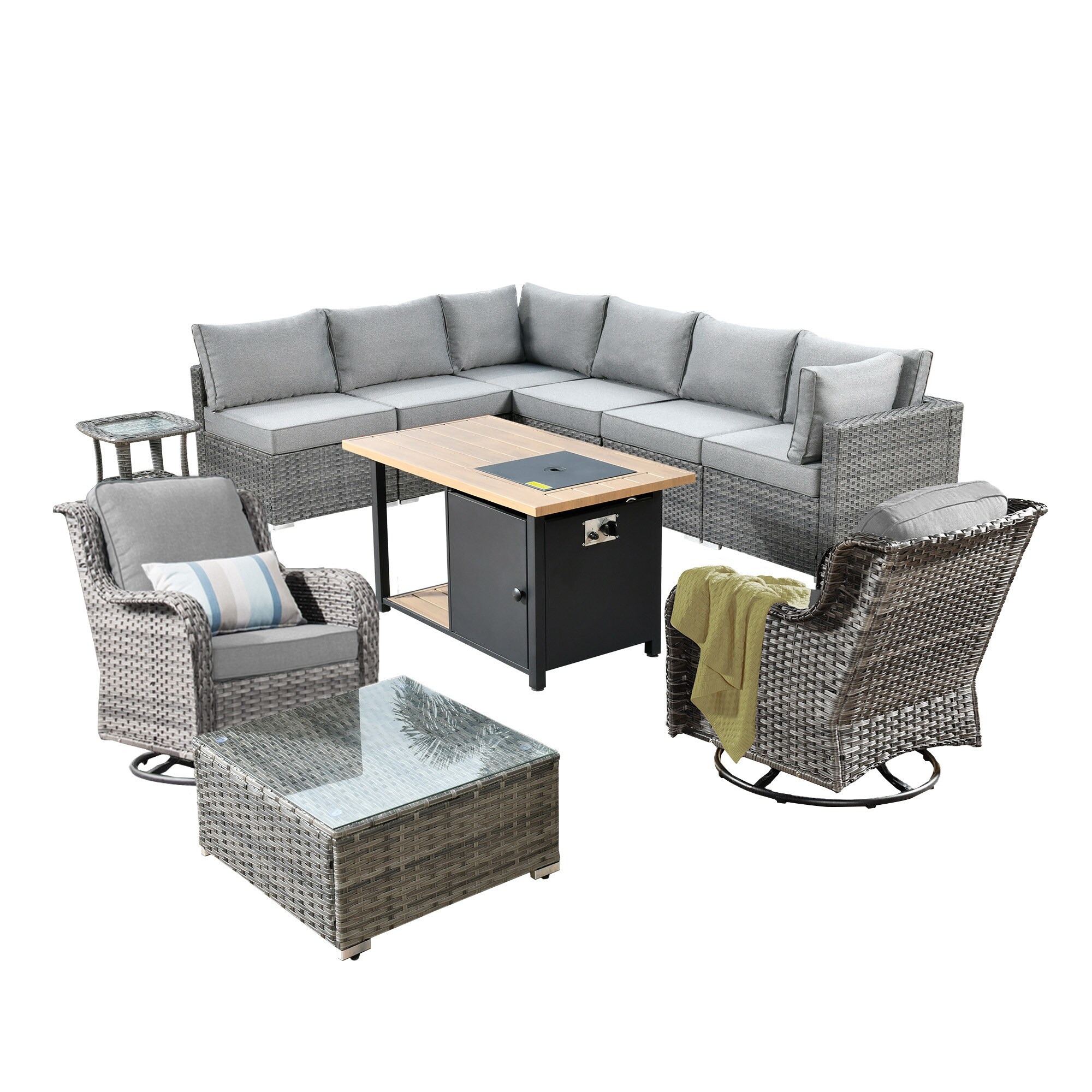 weaxty DDFP03RRSGNTC2011 11-Piece Rattan Patio Conversation Set with Gray Cushions