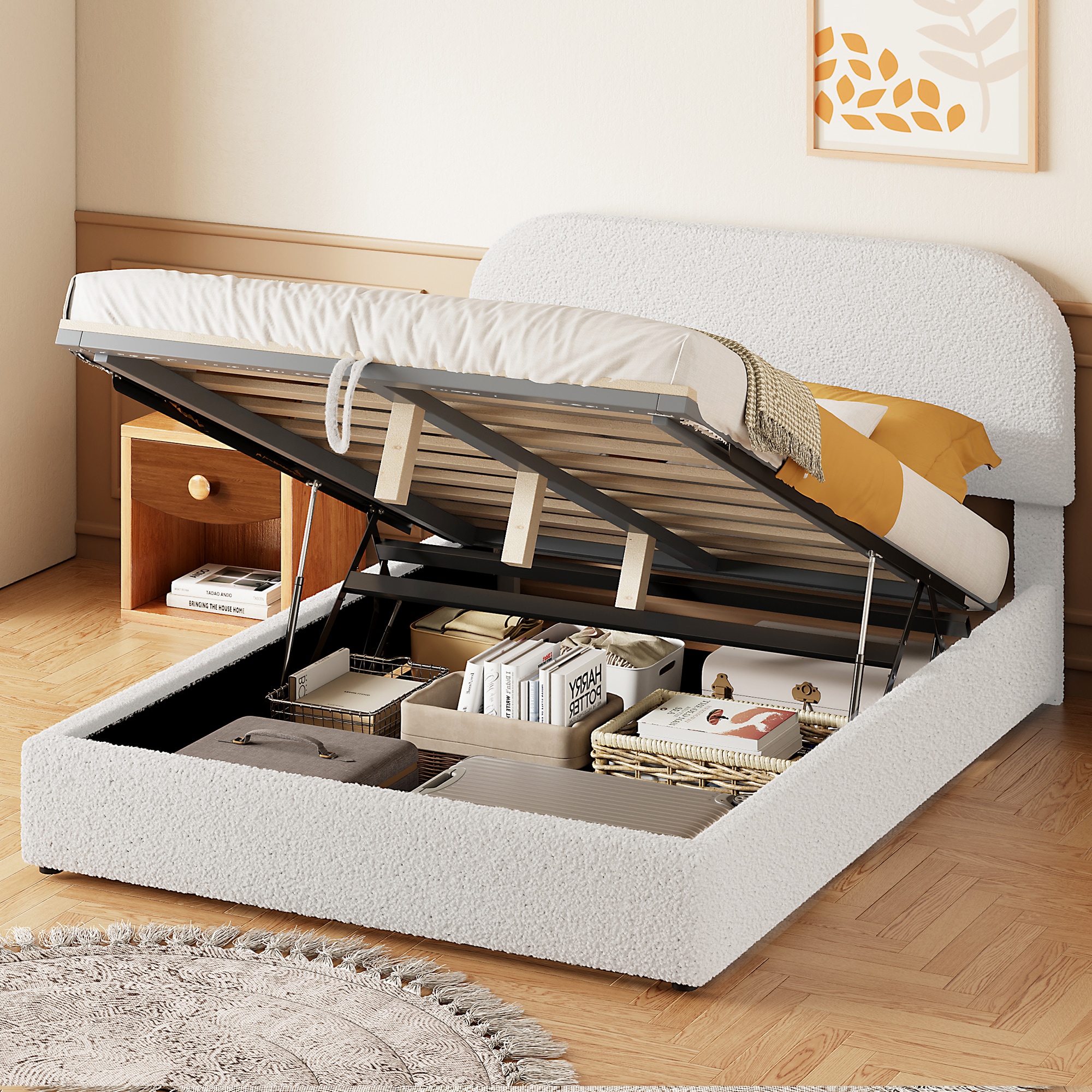 ModernLuxe L3P-SF000165AAK Teddy Fleece Full  Size Upholstered Platform Bed with Hydraulic Storage System White