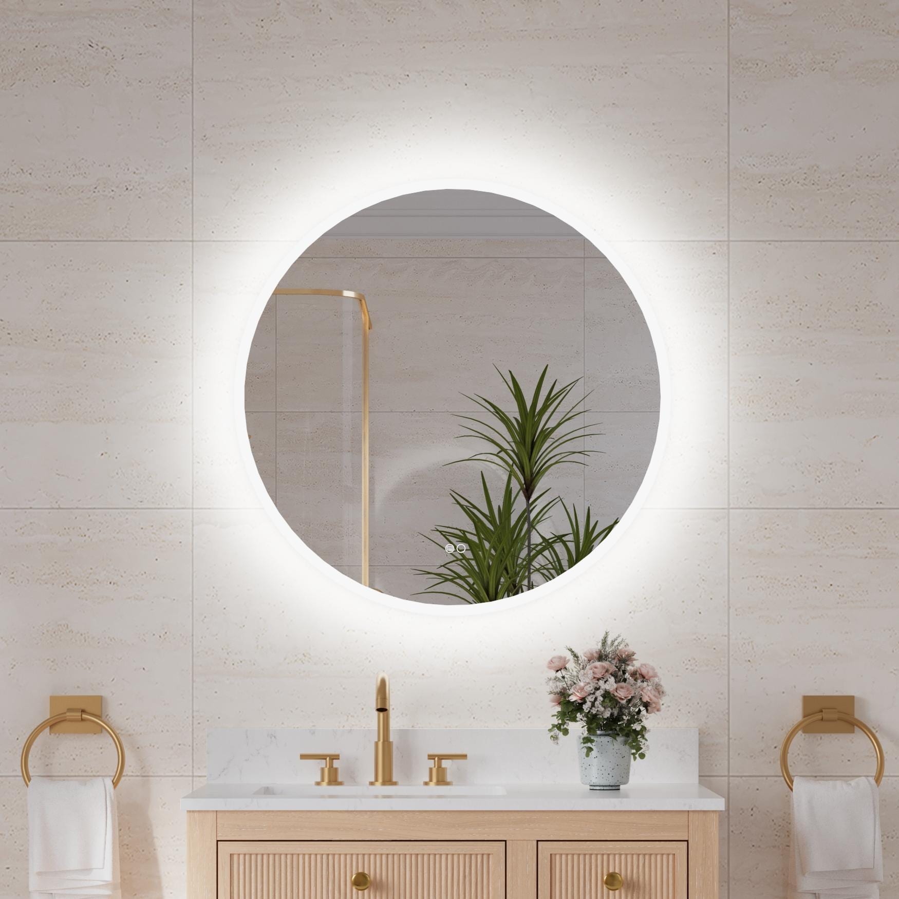 CALVON RC9-3232BG LED Bathroom Mirror Z-Bar Mount Frontlit and Backlit 32 x 32 32-in x 32-in Polished Frameless Round Dimmable LED Lighted Fog Free Bathroom Vanity Mirror ( White )