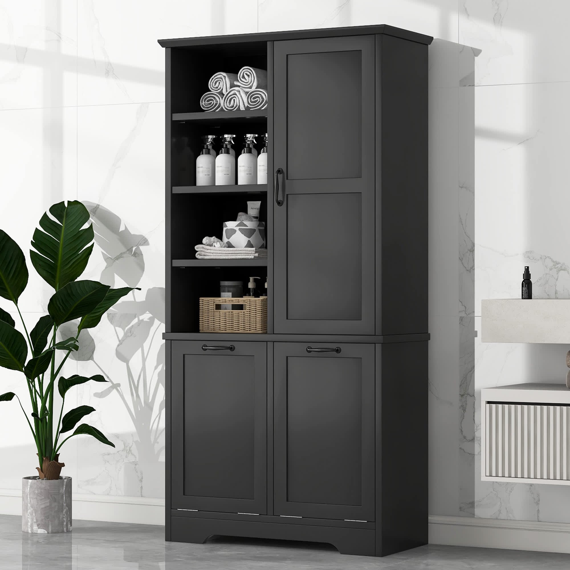 Roomfitters  68 Inch Tall Bathroom Storage Cabinet with Dual Tilt Out Laundry Hampers Black