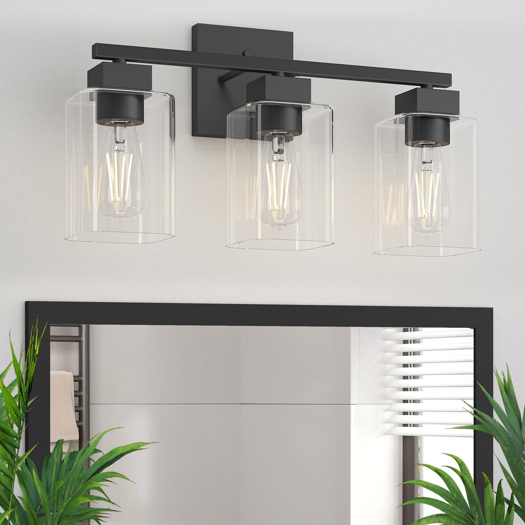 Lukvuzo  Matte Black 3 Light Bathroom Vanity Fixture Square Metal Wall Sconce with Clear Glass Shades E26 Socket 17.7 x 4.9 x 10 Inch 1 Piece