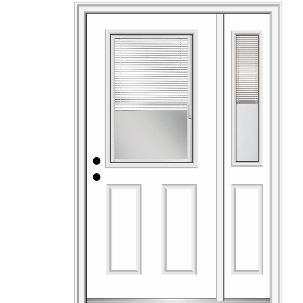 MMI DOOR ZZ28987R 48-in x 80-in x 4-9/16-in Fiberglass Half lite Right-hand inswing Primed Prehung Front Door with Right Sidelight with Brickmould Insulating core with Blinds