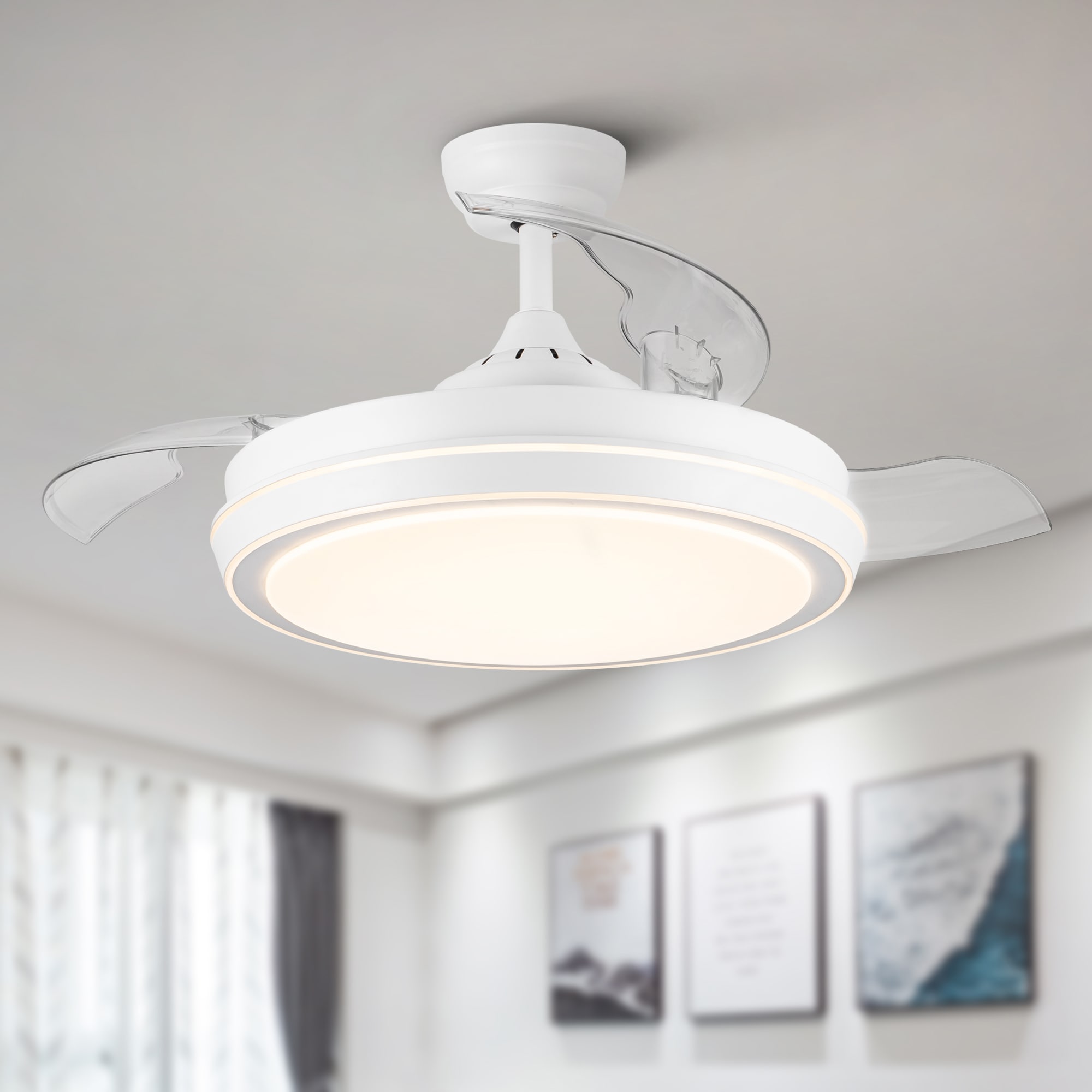 ExBrite DICF0115 42-Inches Matte White with Color-Changing Integrated LED Fixture Indoor Downrod mount Drum Ceiling Fan With Light and Remote ( 3 -Blade)