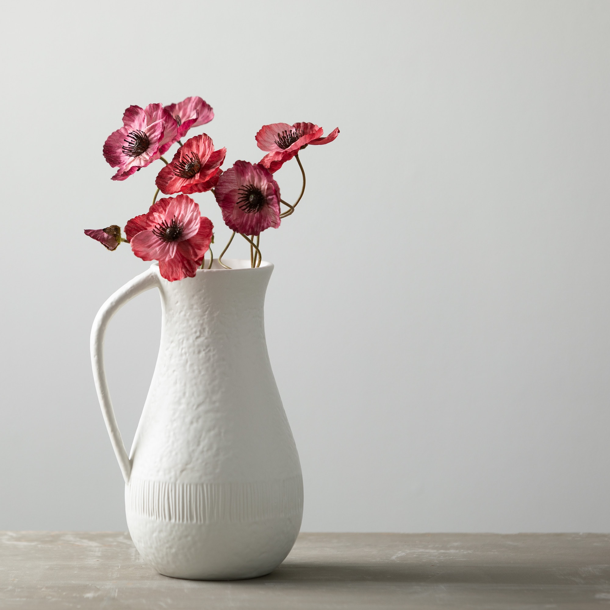 White Textured Ceramic Pitcher Vase with Handle