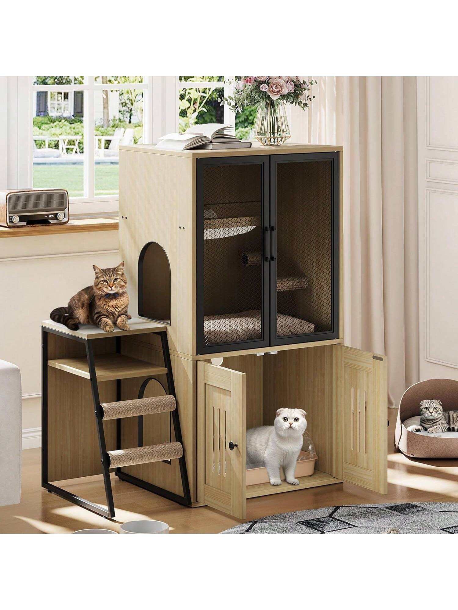 Qeetex BY-PPS-334EXNYD 2 Tier Cat Litter Box Furniture Enclosed Hidden Litter Box Cabinet With Doors Storage Shelf and Step Ladder Discrepet Cat Toilet Furniture For Home Decor Large Size For Multiple Cats