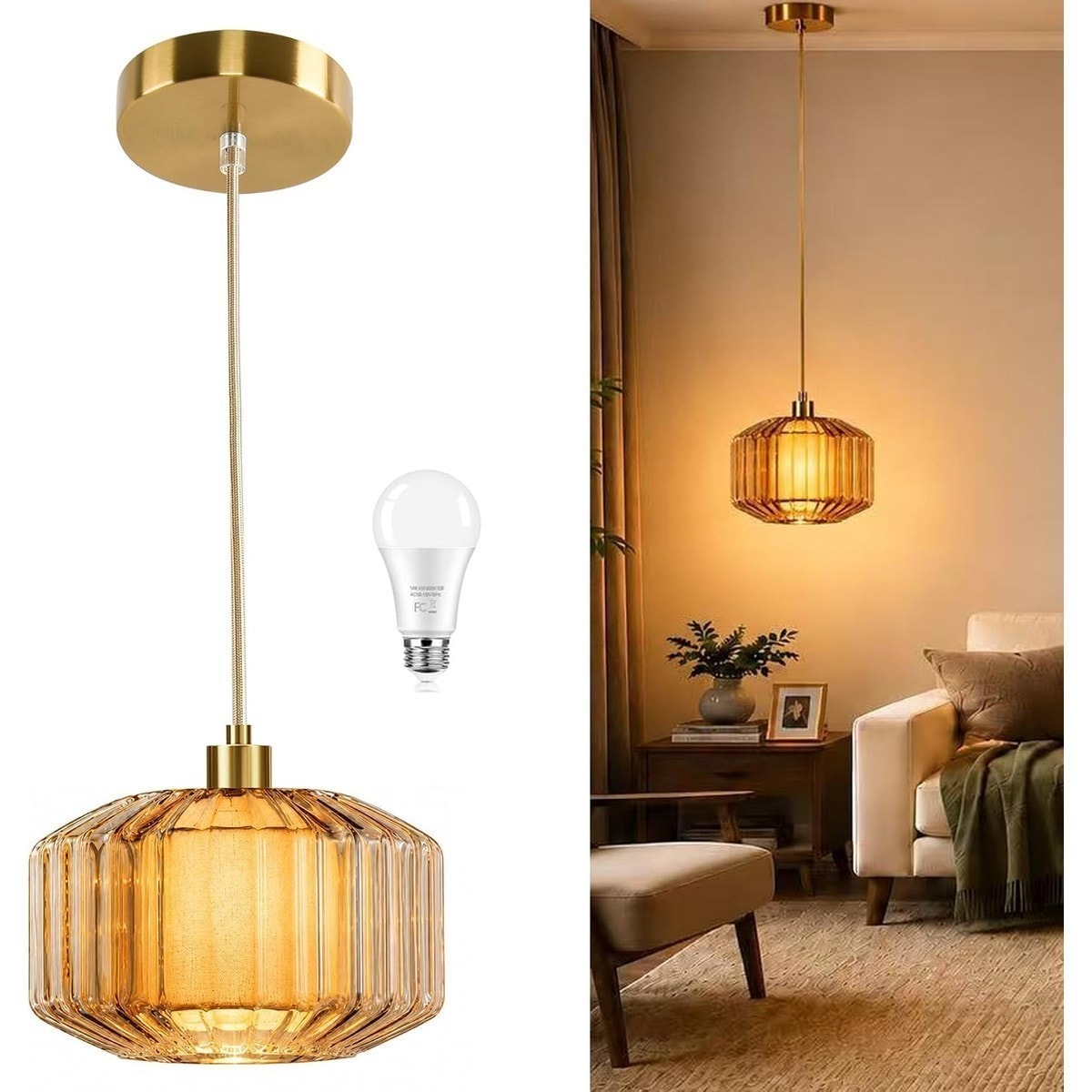 Pacrigo  2 Pack Pendant Light with Amber Striped Glass and Fabric Lampshade Brass Vintage Chandelier Adjustable Ceiling Hanging Light for Kitchen Island Dining Room Hallway Bedroom
