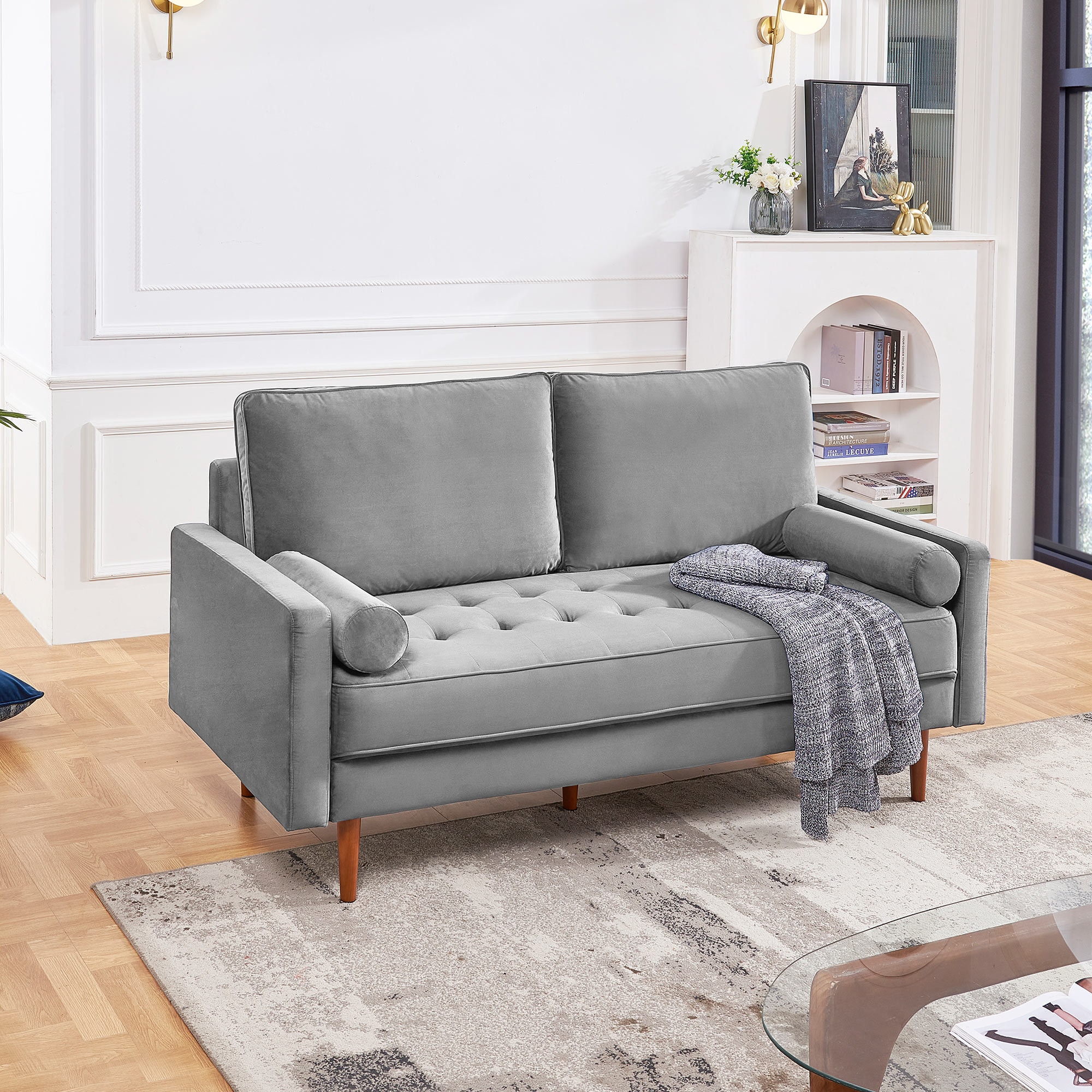69 Inch Grey Velvet Sofa with Wood Legs and Bolster Pillows
