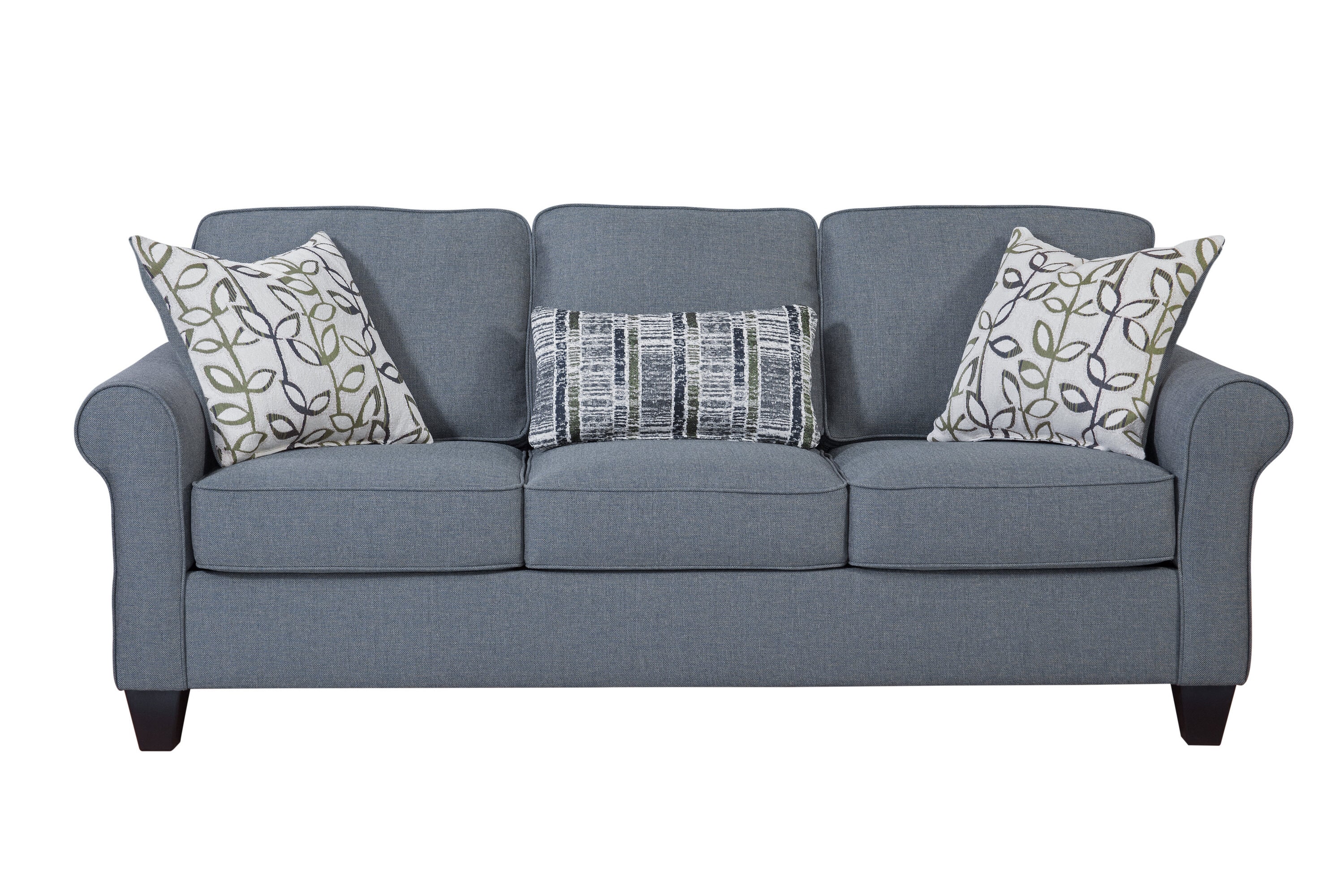 Classic Cottage Blue Fabric Sofa with Rolled Arms and Pillows