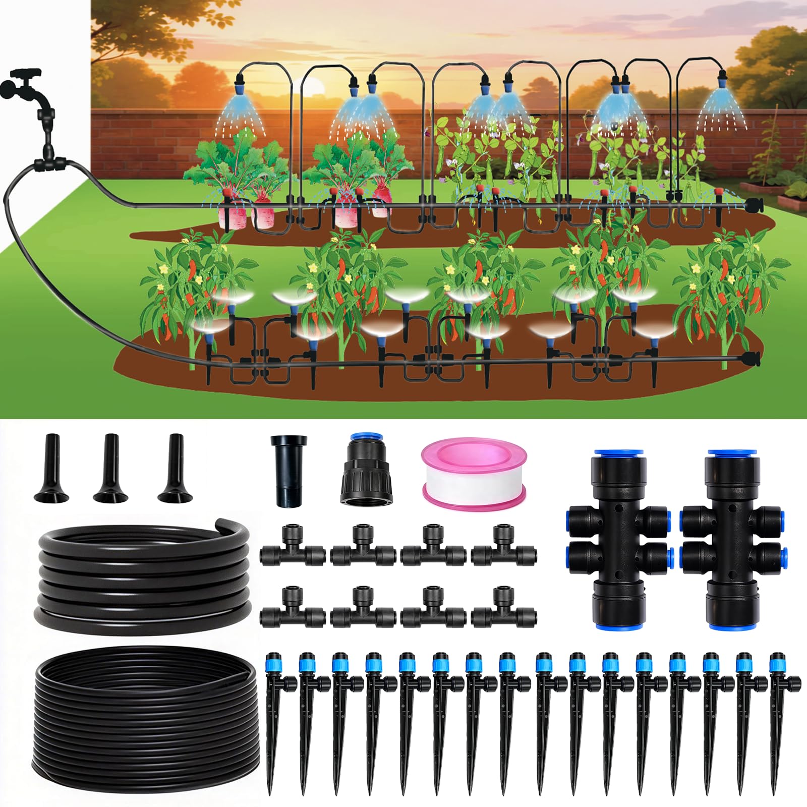 KHKFY  Drip Irrigation System Kit 36FT Garden Watering System with Quick Connect Tubing Adjustable Drippers and Sprayers for Lawn Greenhouse and