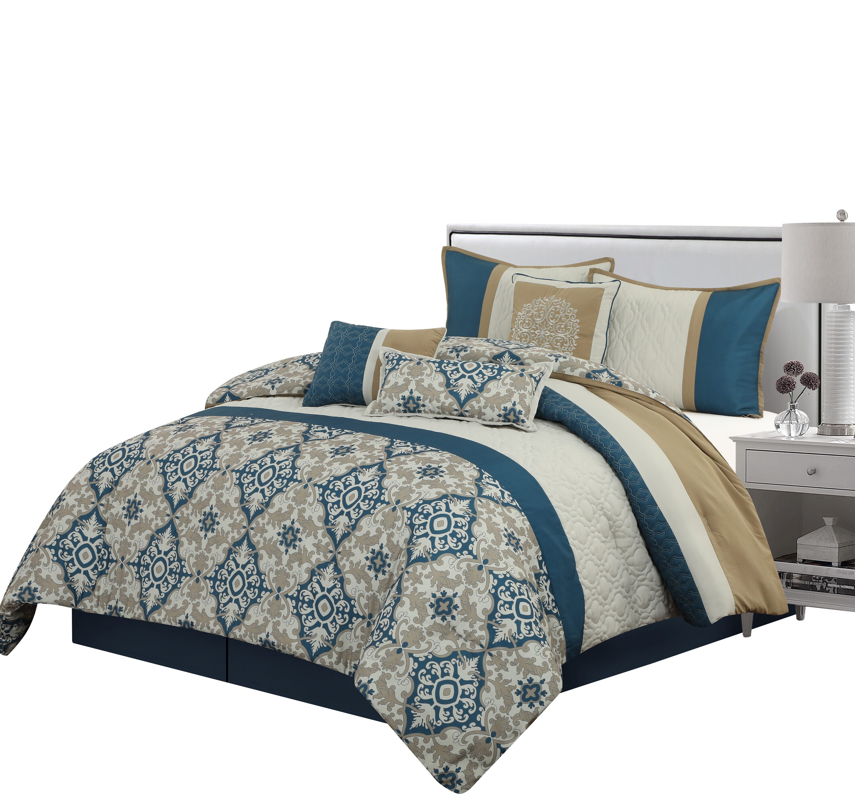 Grand Avenue Reina 7-Piece Blue/Beige Queen Comforter Set in the