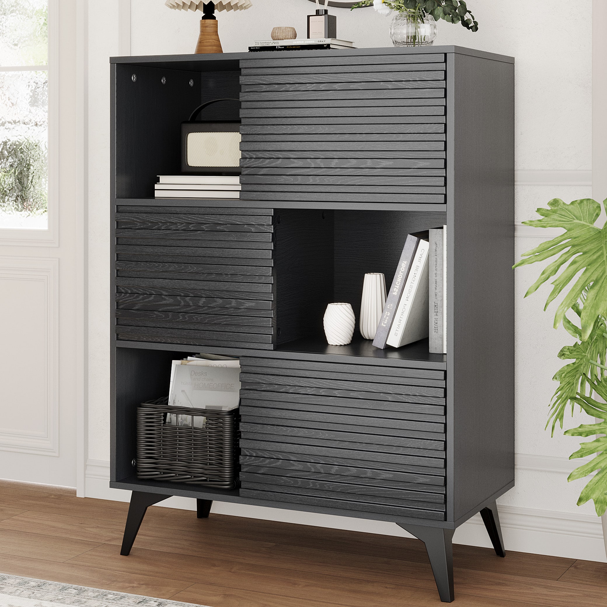 IdealHouse Fluted Cabinet with Sliding Doors Modern Wooden Storage Cabinet with Metal Base 31 Inch Sideboard Cabinet with Storage for Dining Room Living Room Entryway