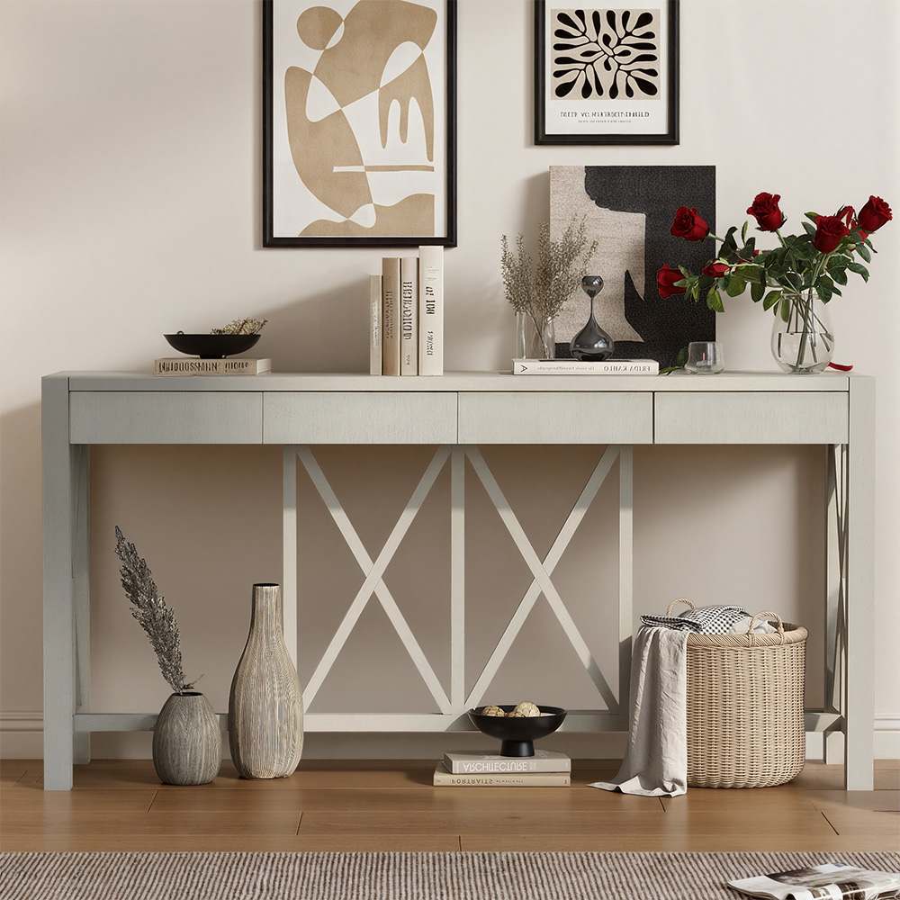 Coolbibila JOHN-CONSOLE-BEIGE Beige Acacia Veneer Console Table with Drawers Modern X Leg Entryway Table Open Base Farmhouse Style