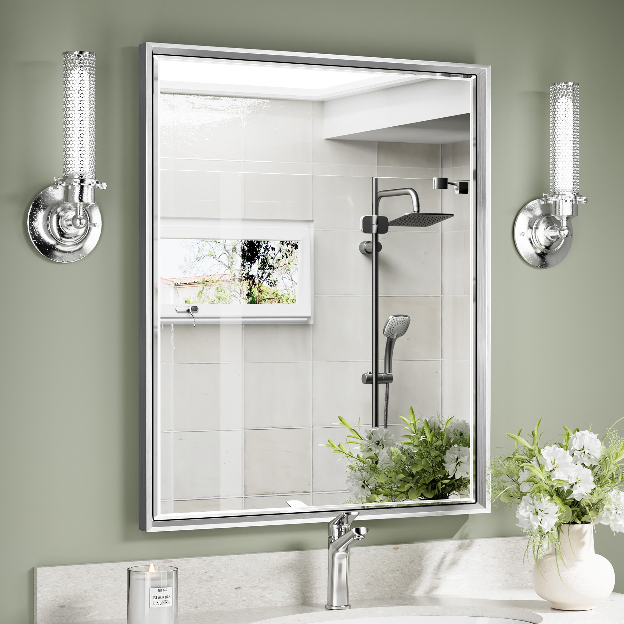 QueenFun TMFMB3036BS Bathroom Mirrors 30-in x 36-in Beveled Rectangle Bathroom Vanity Mirror ( Silver )