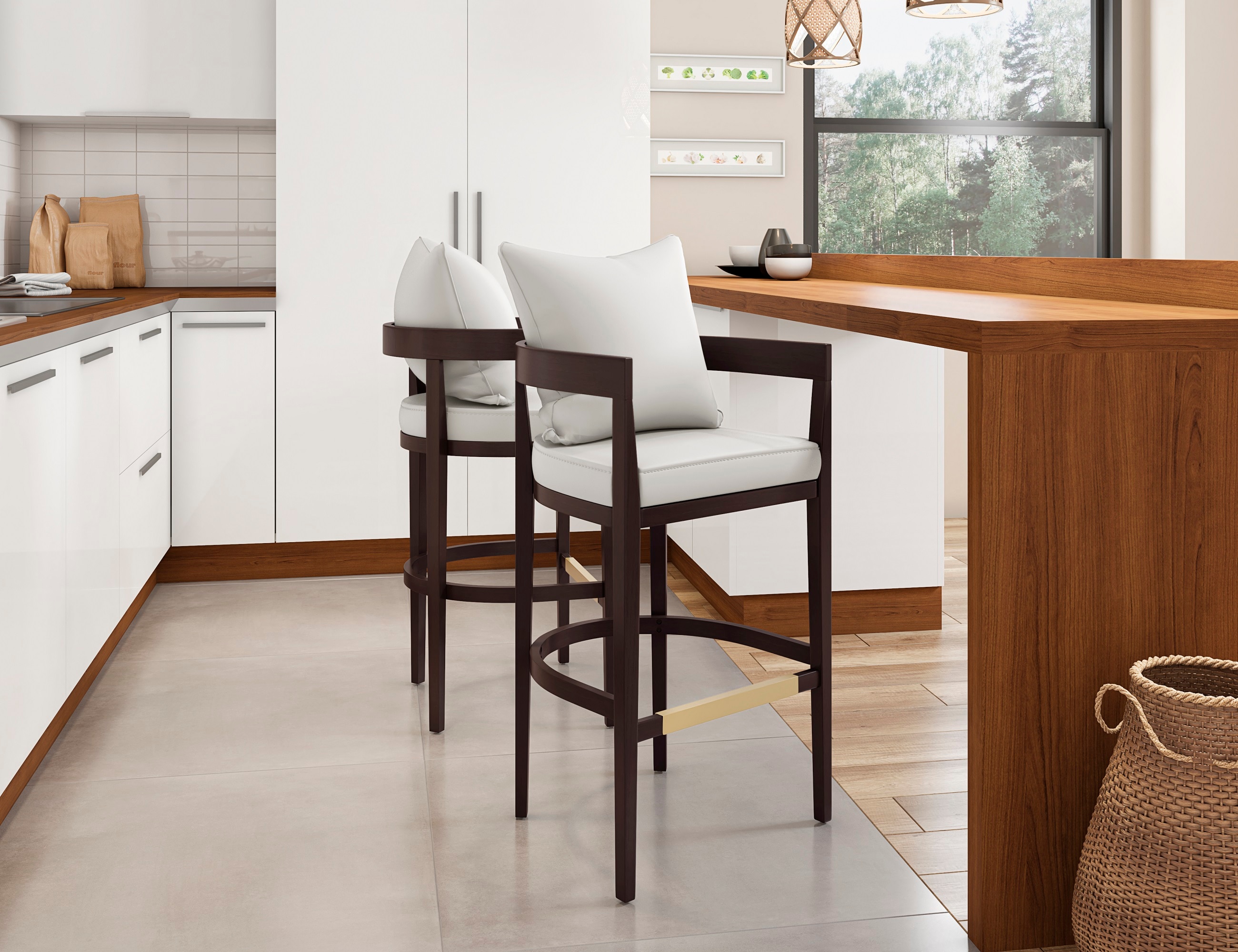 Manhattan Comfort 2-BS013-IV Ritz 2 -Set Ivory and Dark Walnut 30.5-in H Bar height Square seat Upholstered Wood Bar Stool with Arms and Back