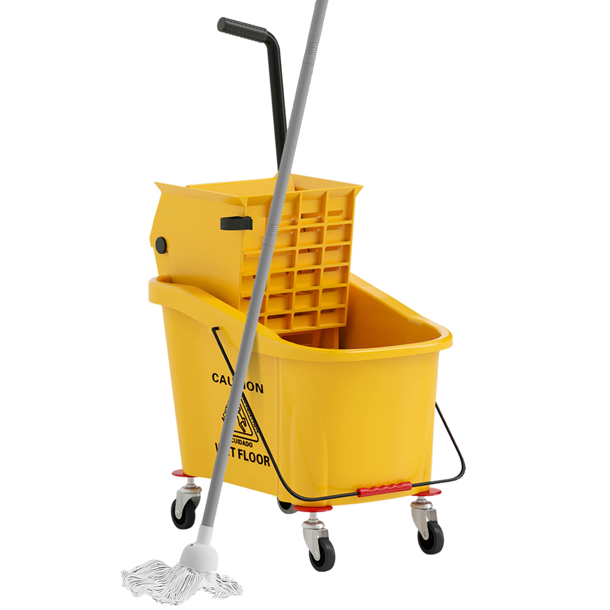 HomCom 720-029V00YL Mop Bucket with Wringer on Wheels for Floor Cleaning 38 Quart Down Press Wringer with Handle and Mop Yellow
