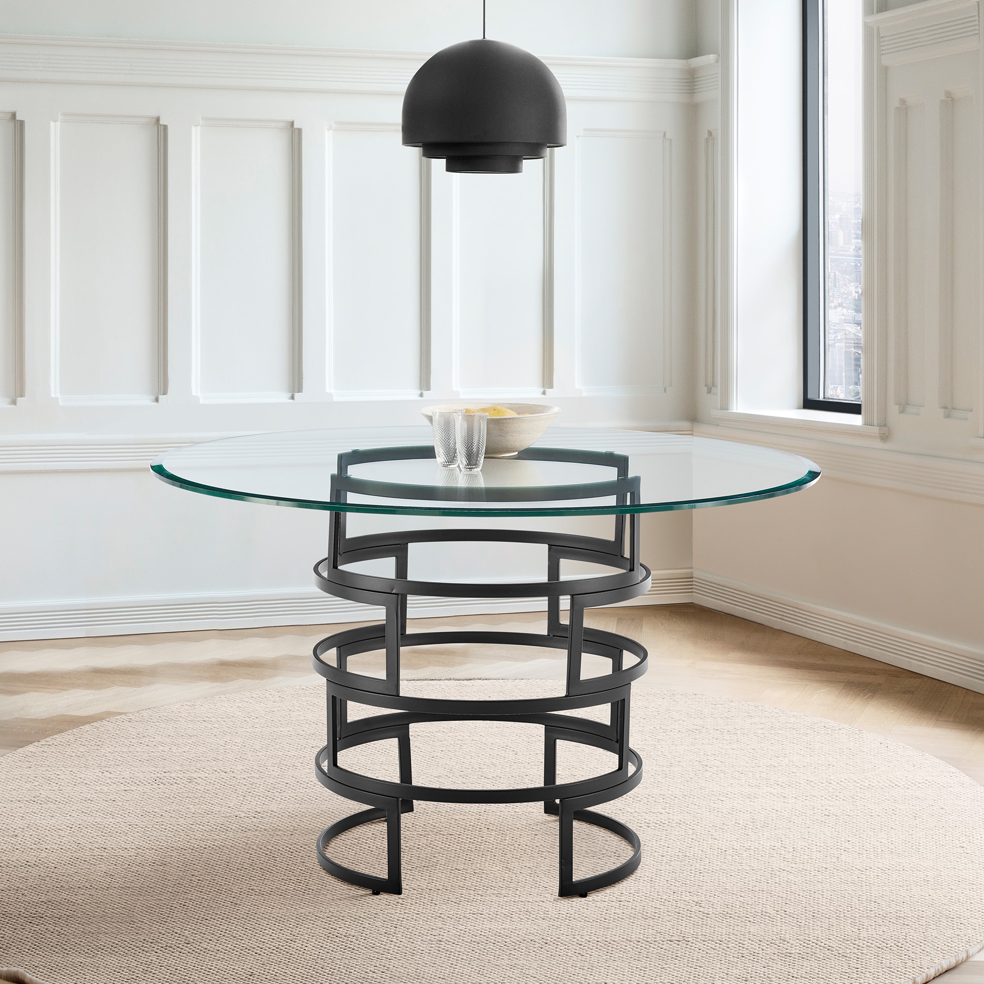 Diaz 48" Round Glass Dining Table with Matte Black Iron Base
