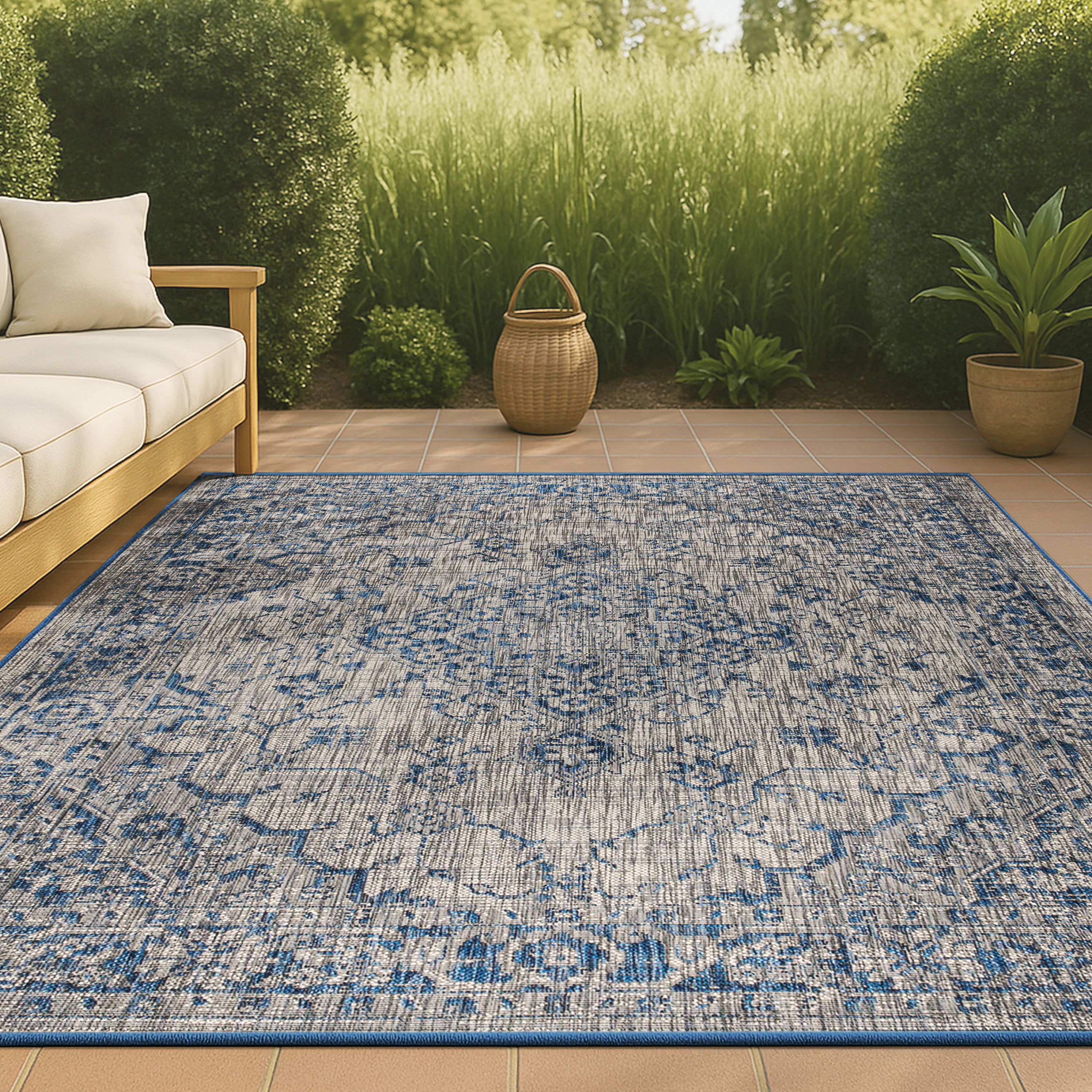 JONATHAN  Y SMB102B-9 Santa Monica Rozetta Boho Textured Weave 9 x 12 (ft) Loomed Polypropylene Gray/Navy Rectangular Indoor/Outdoor Border Coastal Area rug