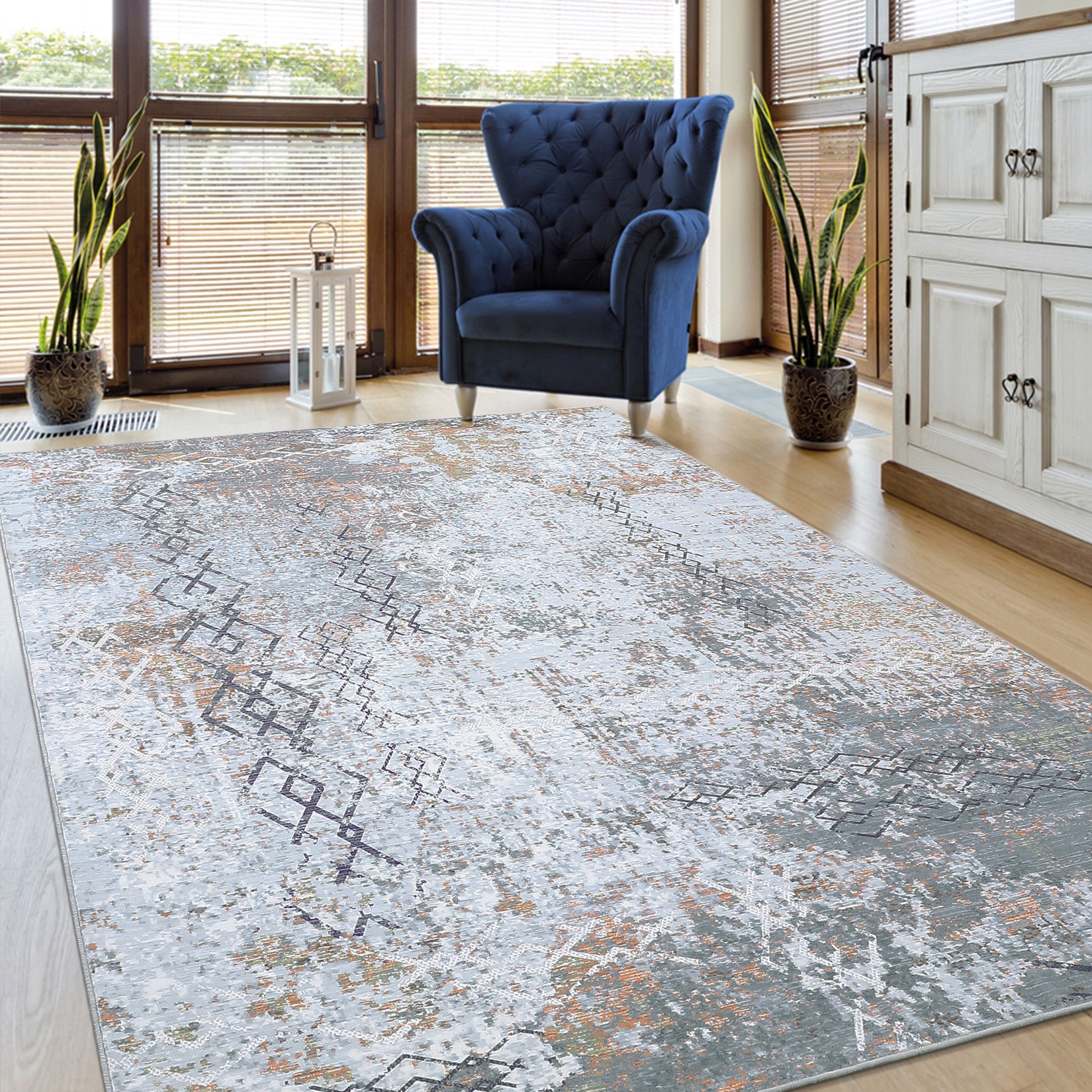 Garvee YXY-LO-PHO-13OVRGN4 9 x 12 (ft) Polyester Gray Rectangular Indoor Abstract Mid-Century Modern Machine washable Area rug