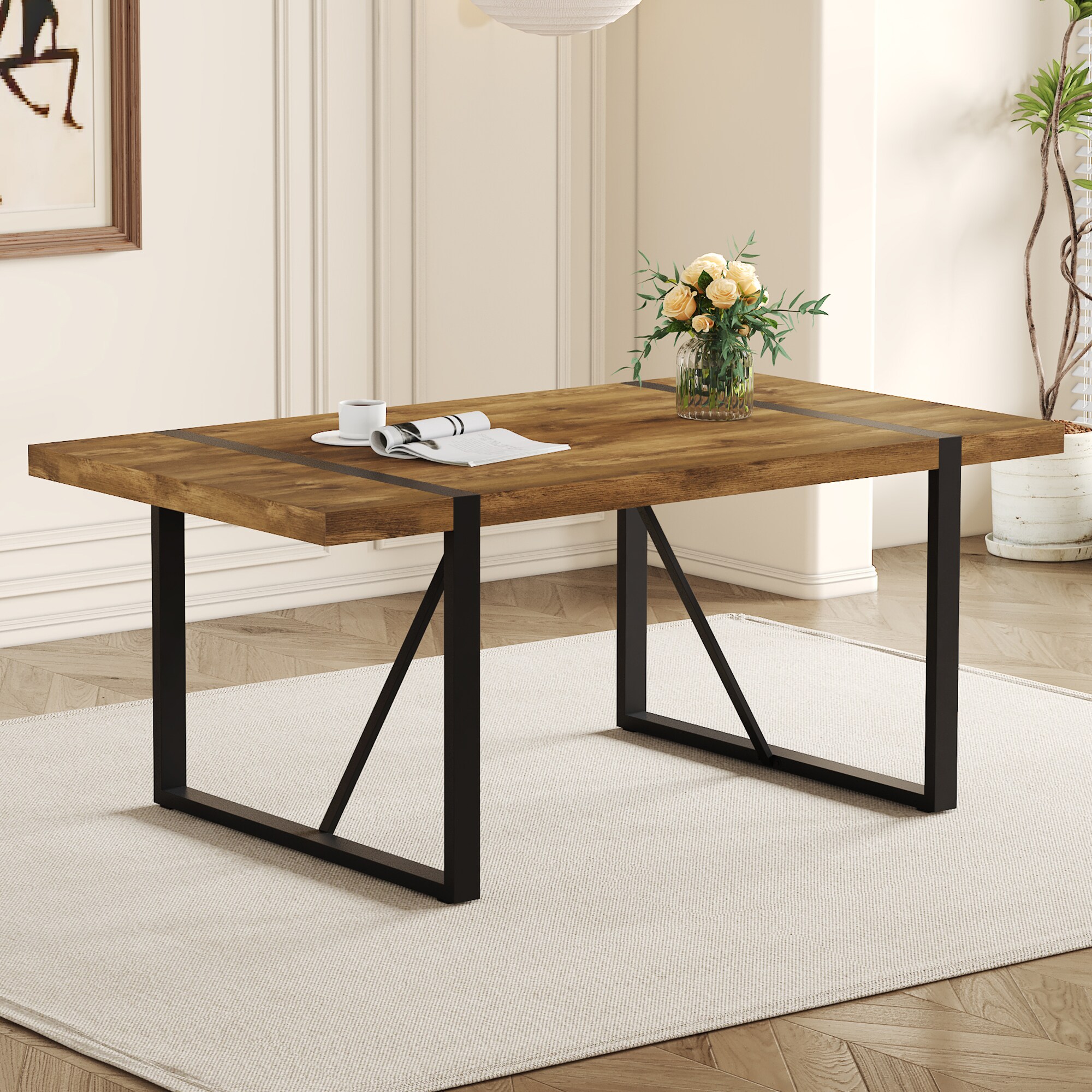 LUXEYARD Rustic Industrial Rectangular Wood Dining Table For 46 Person ...