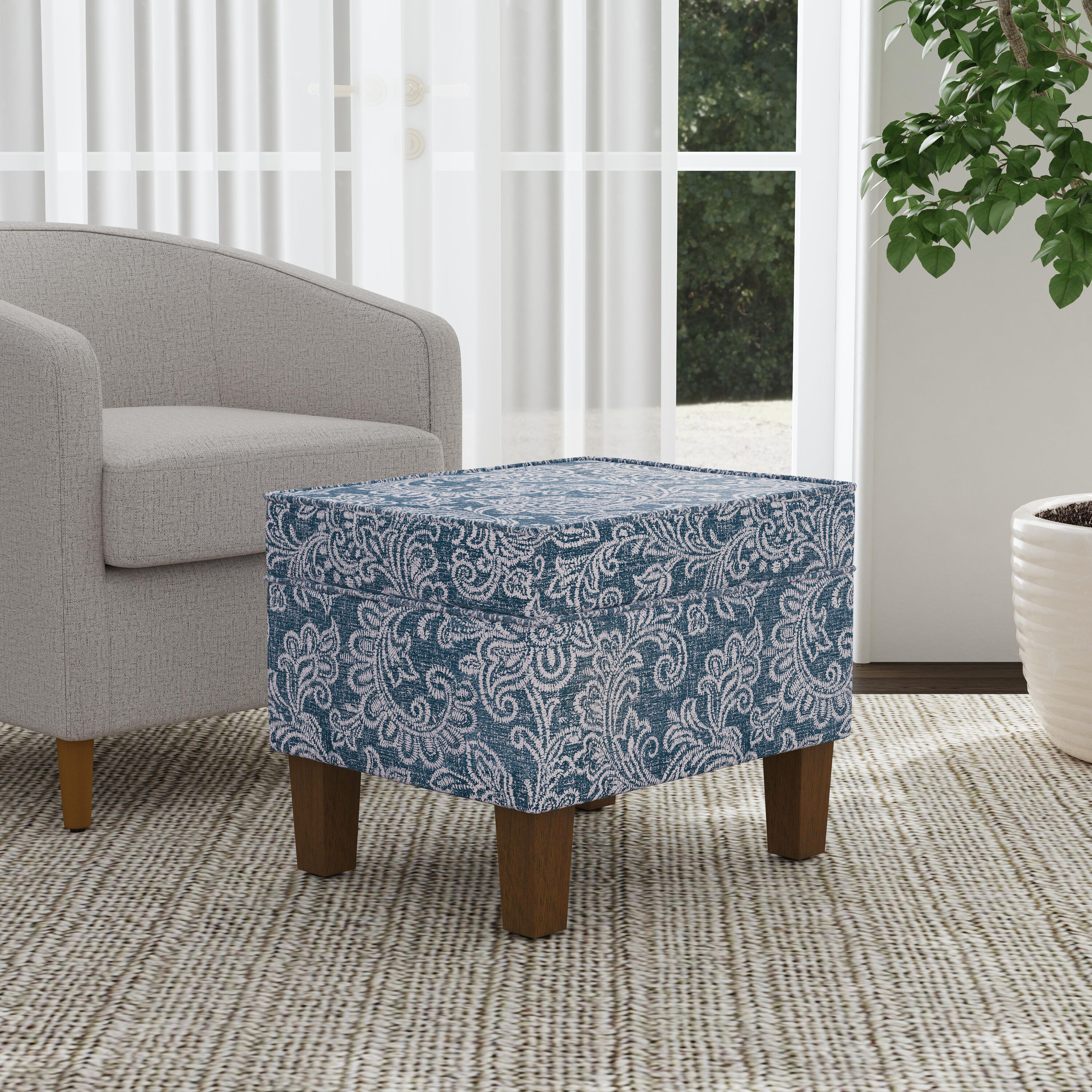 Medium Blue Denim Jacobean Print Storage Ottoman with Hinged Lid