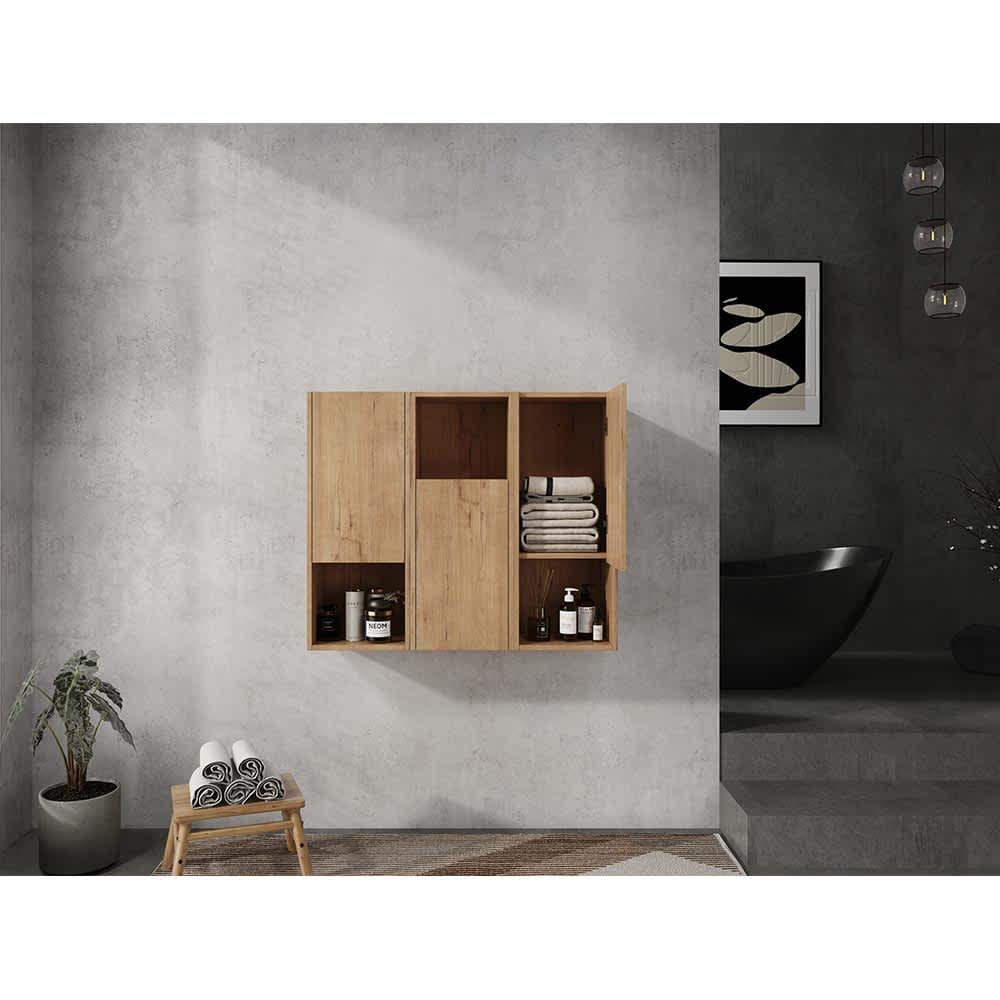JUJABU ZJWALLCAB-3 Imitative Oak 36in Bathroom Side Cabinet Soft Close Doors Float Mounting Design