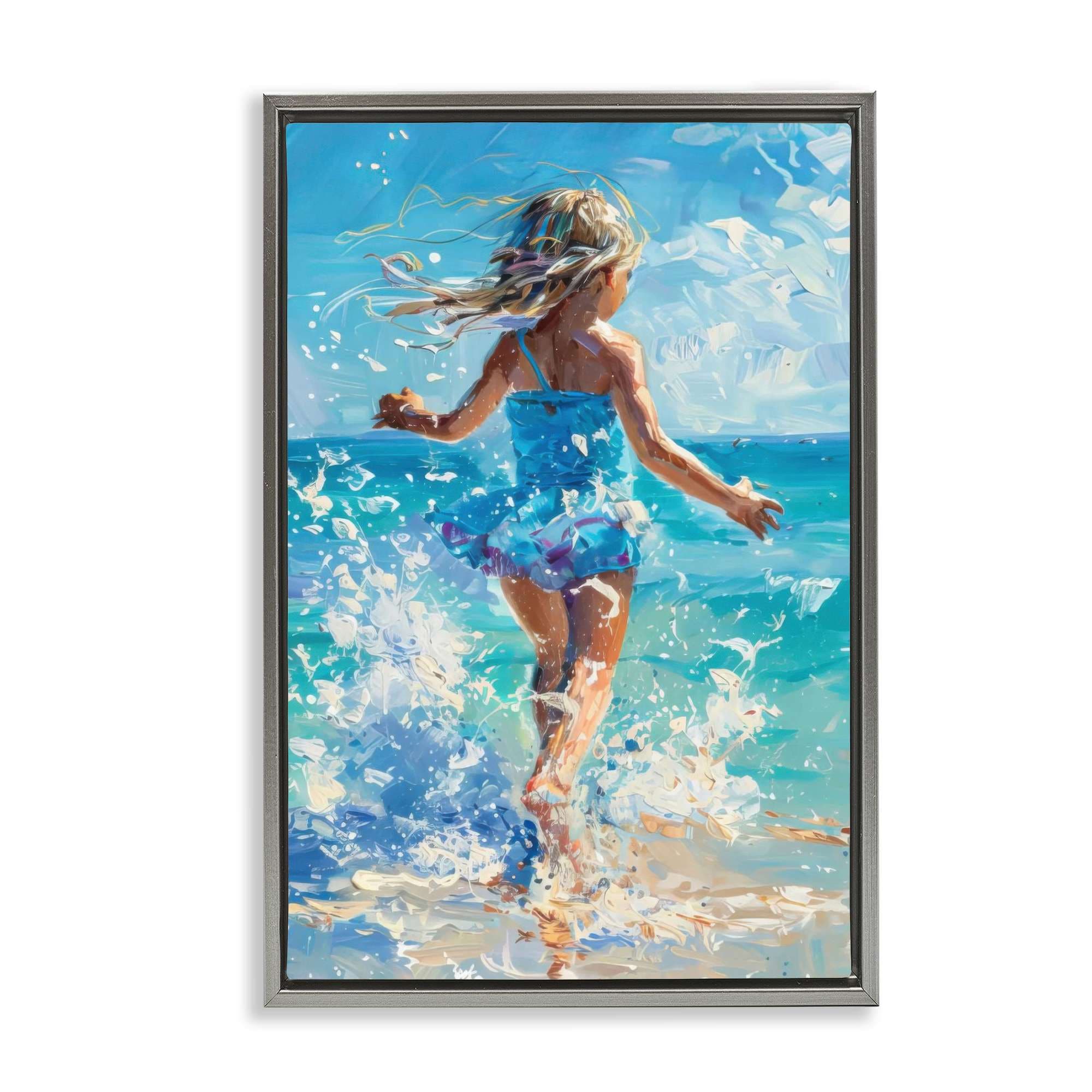 Stupell Industries BT-720-FFL-16X24 Girl Splashing on Shore Gray Framed Floater Canvas Wall Art By LSR Design Studio 17 x 25