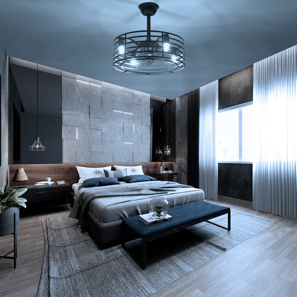 20'' Black Industrial Caged Ceiling Fan with Lights and Remote