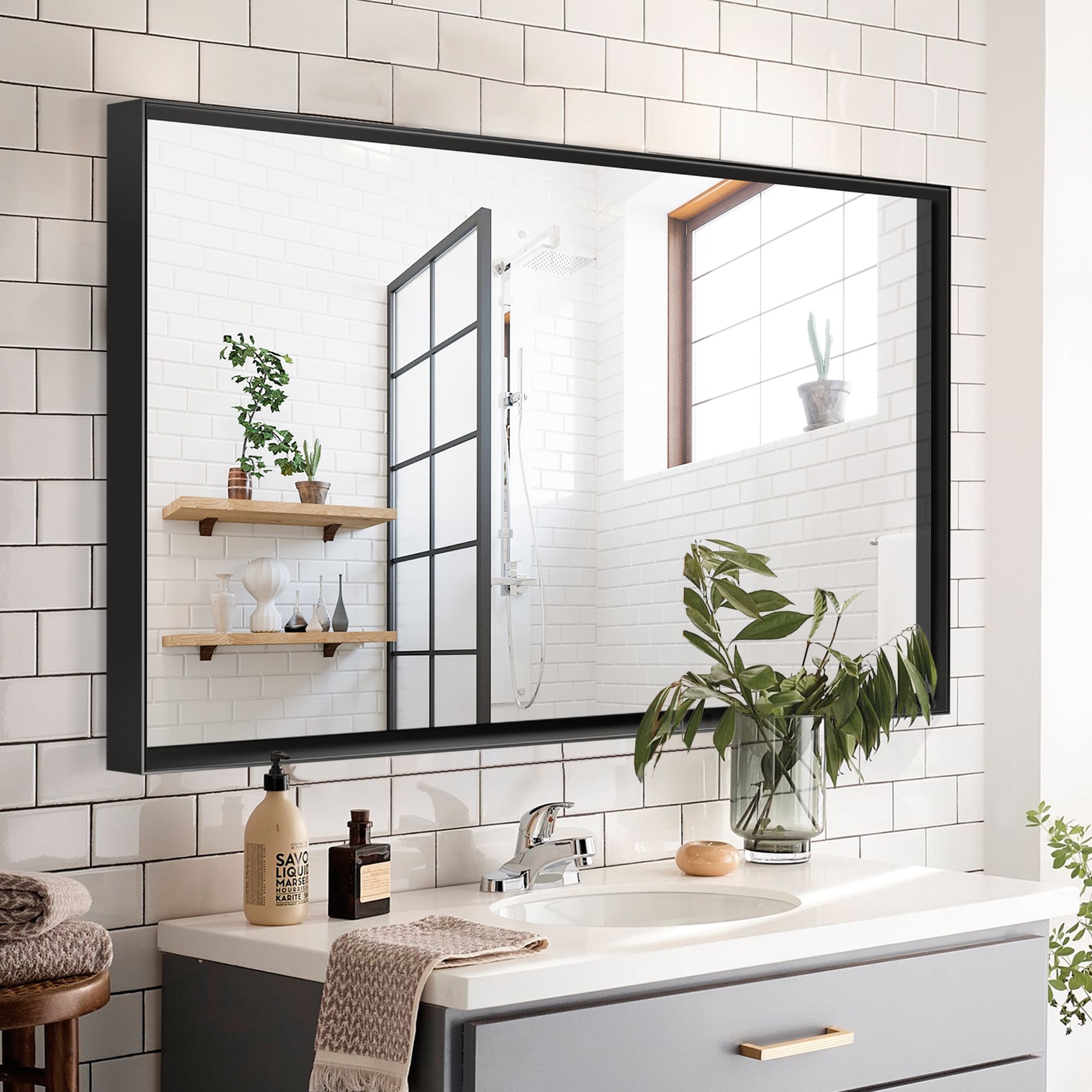 Vorene 48x30-in Glossy Black Bathroom Mirror Metal Frame