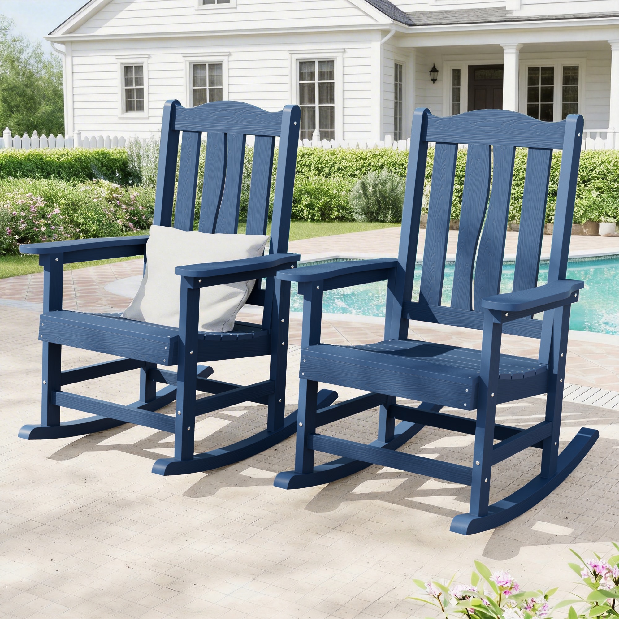 Classic Rocking Chair Set of 2 Navy HDPE Frame Rocking Chair with Slat Seat