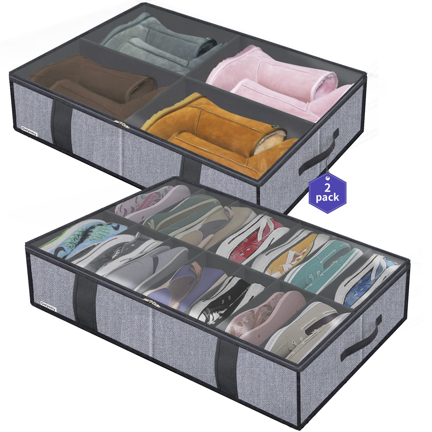 Kitstorack Under Bed Shoe Storage Organizer with Clear Window and Zippers Fits 14 Pairs of Shoes and 4 Pairs of Boots 33.9x23.6x5.9 Inch Linen-like Fabric with 4 Handles