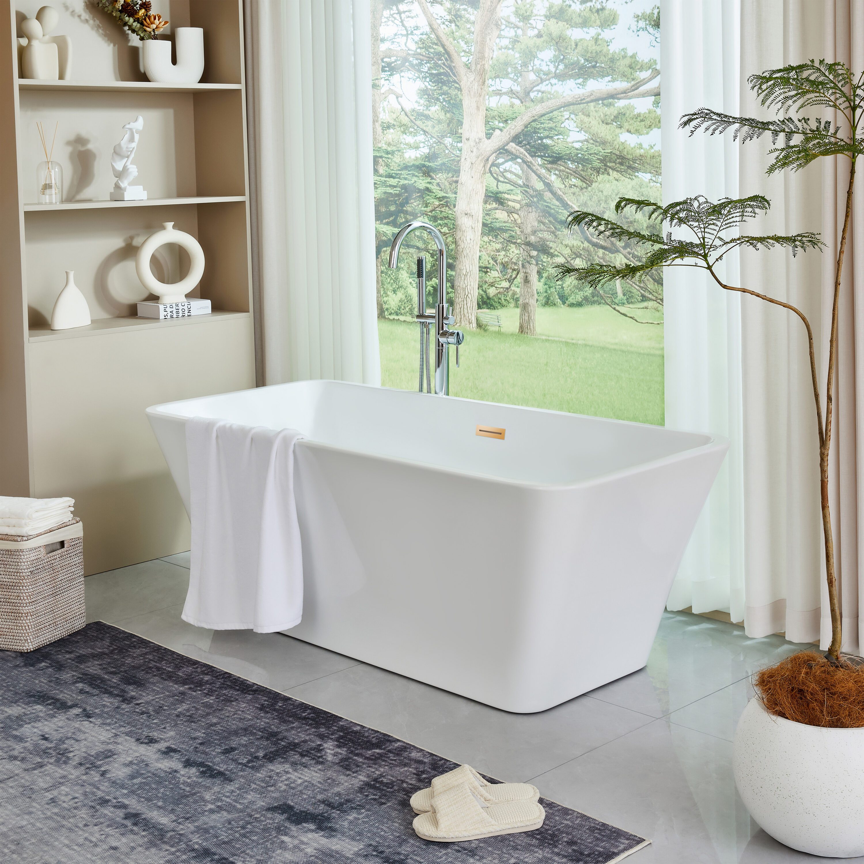 White and Titanium Gold 67'' Freestanding Acrylic Bathtub