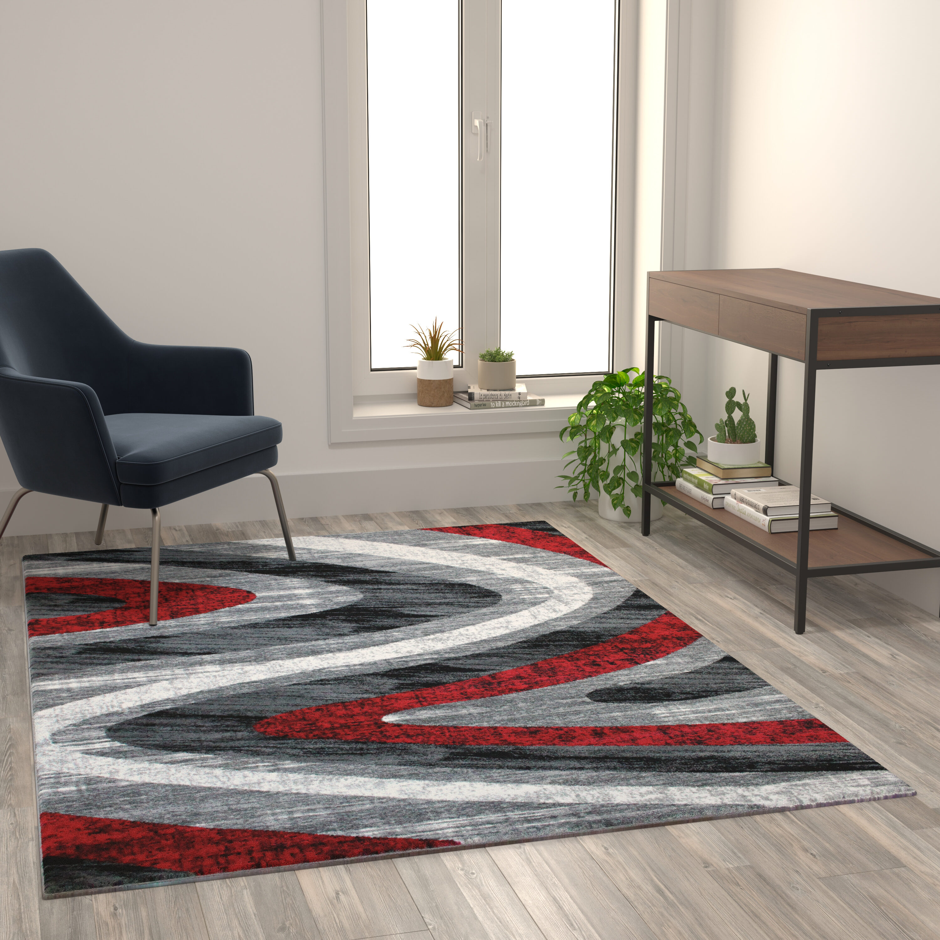 Reversible Red Wave 5' x 7' Synthetic Area Rug with Jute Backing