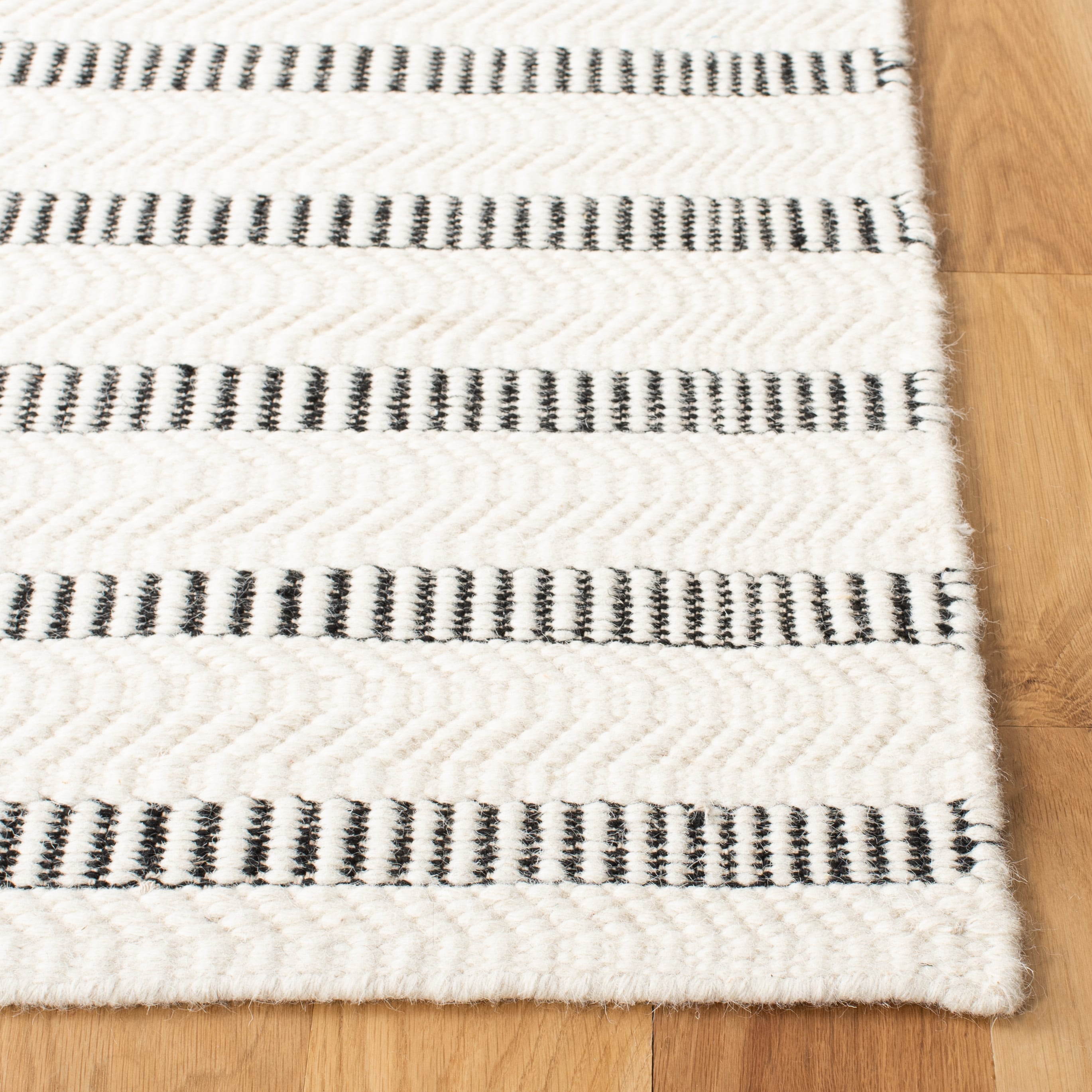 Black and Ivory Striped Wool 9' x 12' Handmade Rug