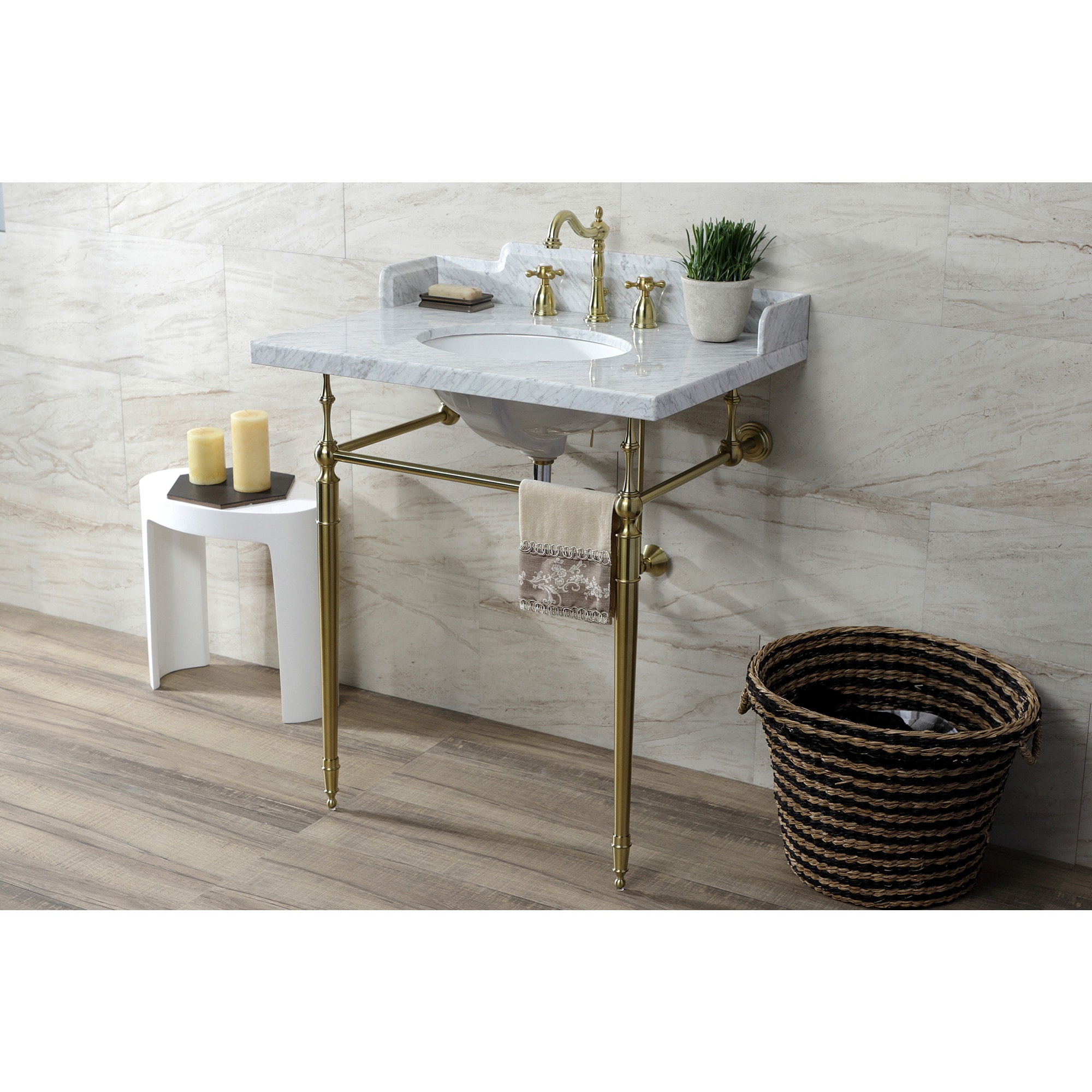 Kingston Brass WLKB1977AX Heritage Brushed brass Widespread 2-handle High-arc Residential Handle Bathroom Sink Faucet with Drain