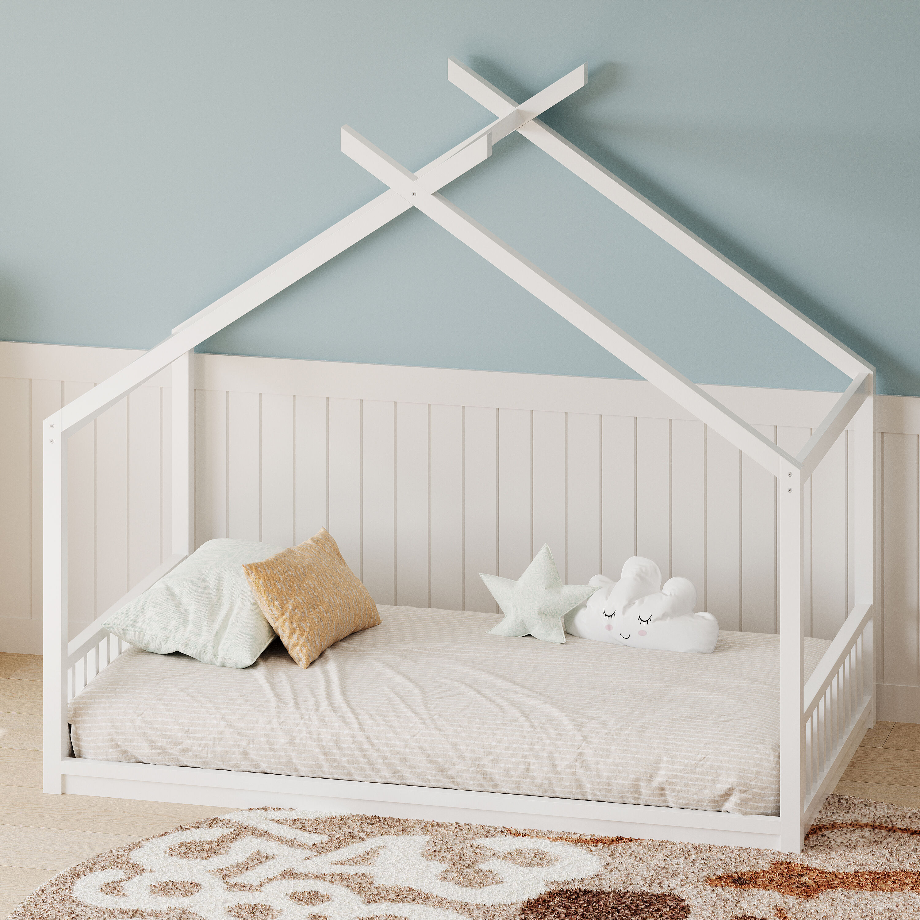 ModernLuxe N701P262019W Twin Size Montessori Style House Bed for KidsFloor Bed Frame with Headboard and FootboardWooden Fence Bed for GirlsBoysEasy AssemblySlat Not IncludedWhite