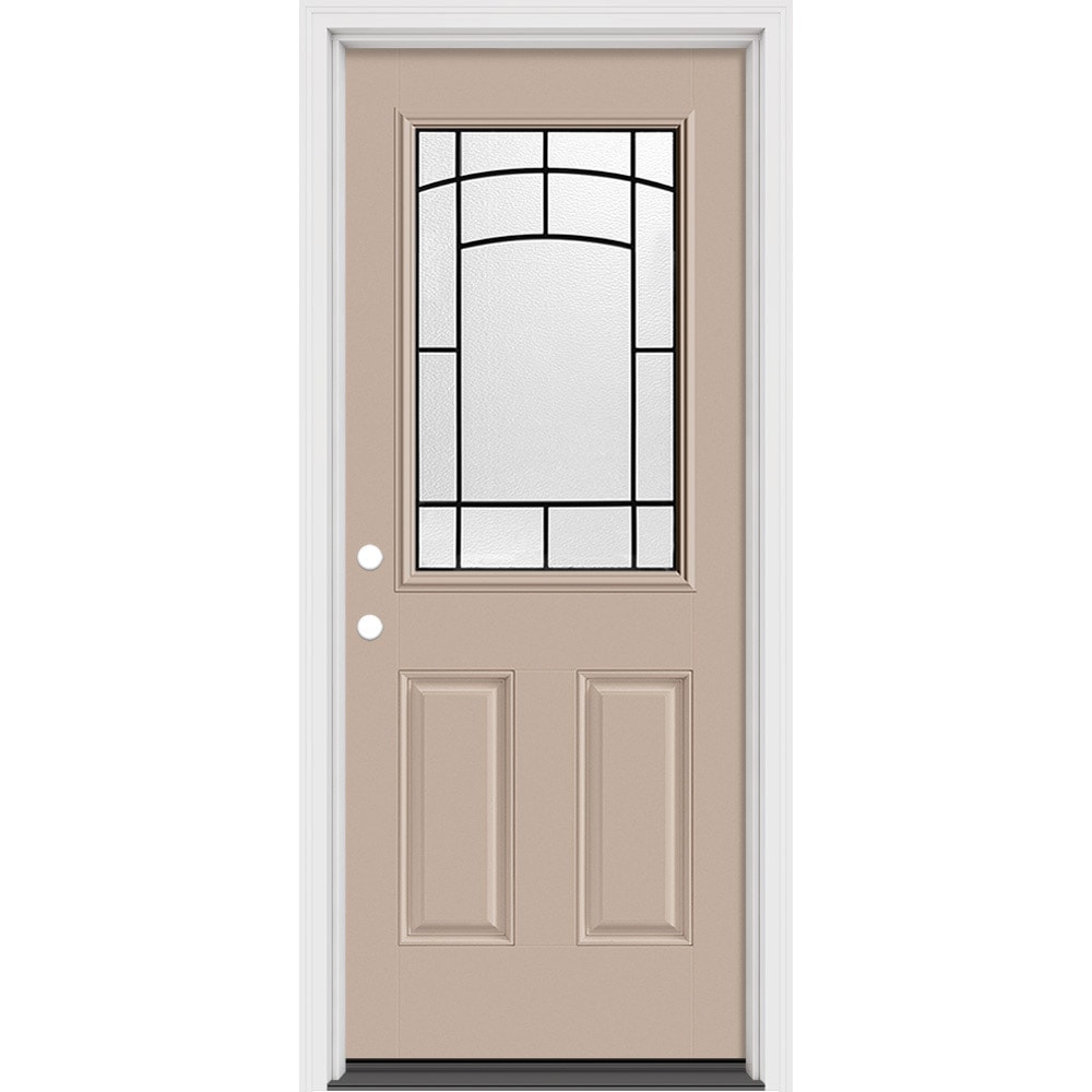 Masonite 631849 Brooklyn 32-in x 80-in x 4-9/16-in Fiberglass Full lite Right-hand inswing Chocolate Painted Prehung Slab Front Door with Brickmould Solid core