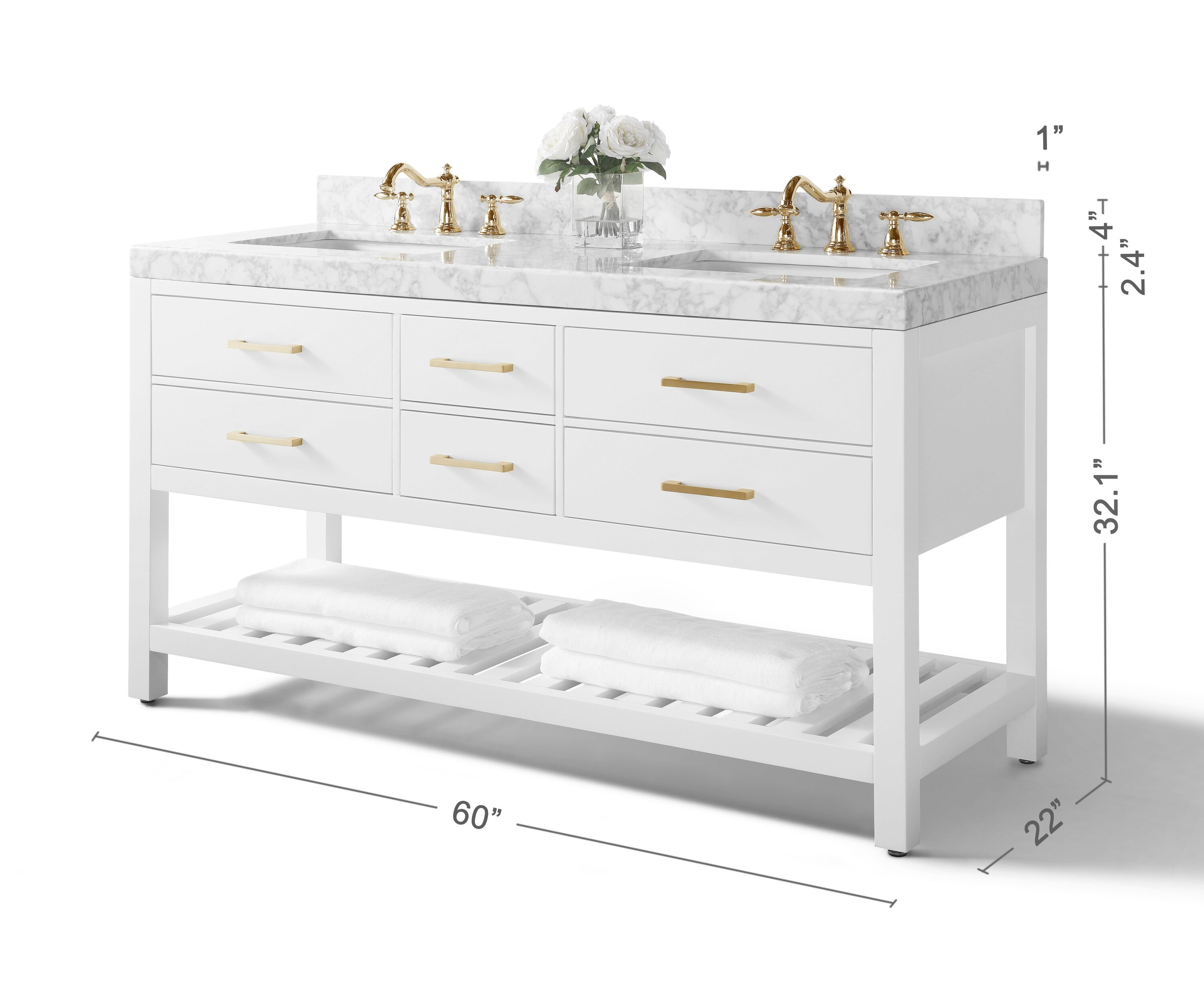 Elizabeth 60'' White Marble Double Vanity with Gold Hardware