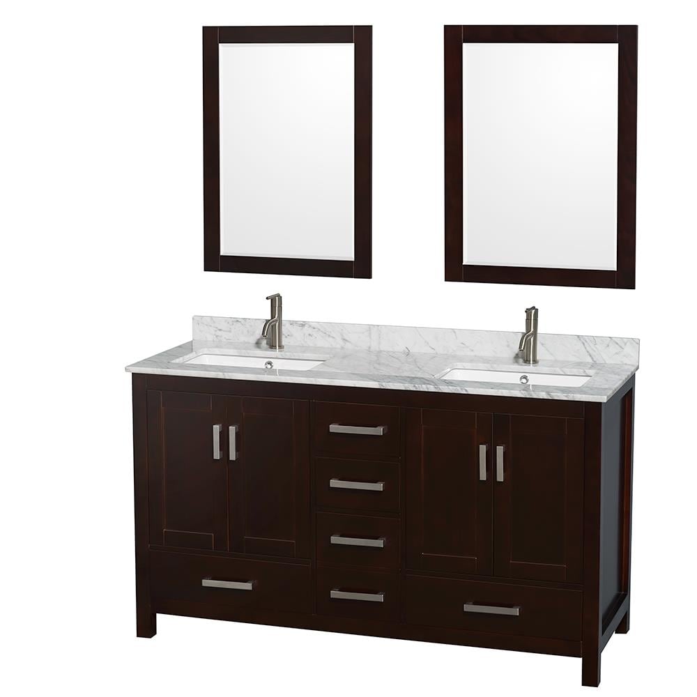 Wyndham Collection WCS141460DESCMUNSM24 Sheffield 60-in Espresso with Brushed Chrome Trim Undermount Double Sink Bathroom Vanity with White Carrara Natural Marble Top (Mirror Included)