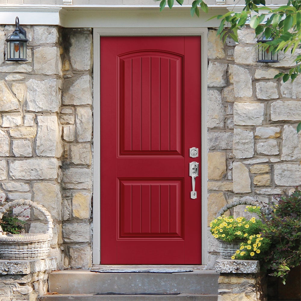 Masonite 1218281 36-in x 80-in x 4-9/16-in Fiberglass No glass Left-hand inswing Roma Red Painted Prehung Front Door with Brickmould Insulating core