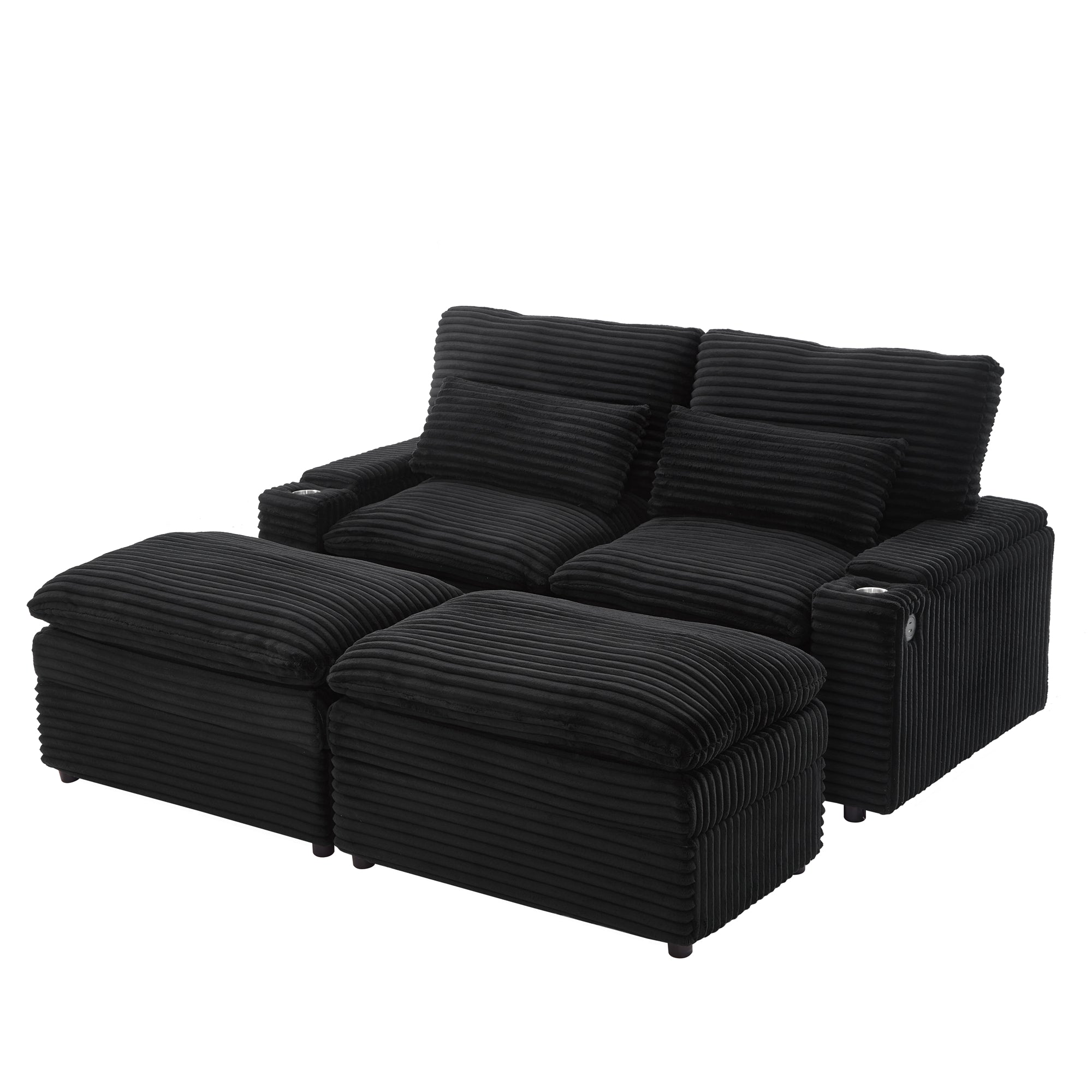 Boyel Living BL-OR2140B Loveseat Sofa 70.9 inch Free-combined Sectional Convertible Sofa Bed with Storage Space Two Movable Ottomans Four USB Ports and Two Cup Holders for Living Room Black