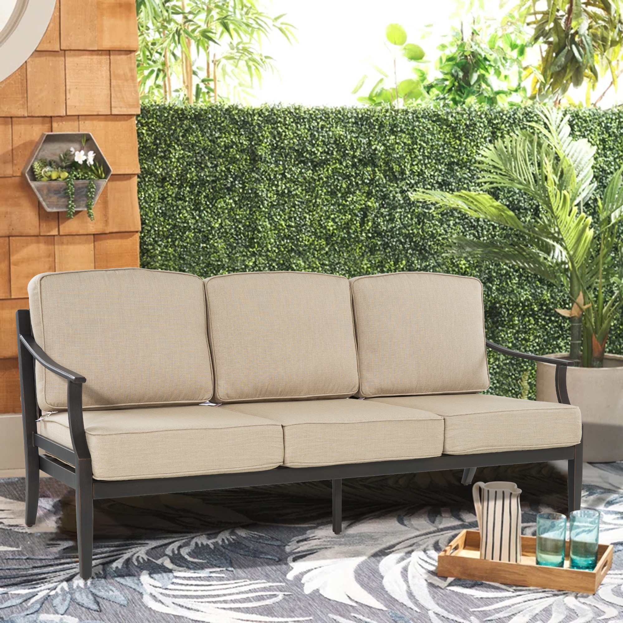 PEAK HOME FURNISHINGS 970463 Outdoor 3-Seater Sofa Outdoor Sofa with Beige Cushions and Aluminum Frame