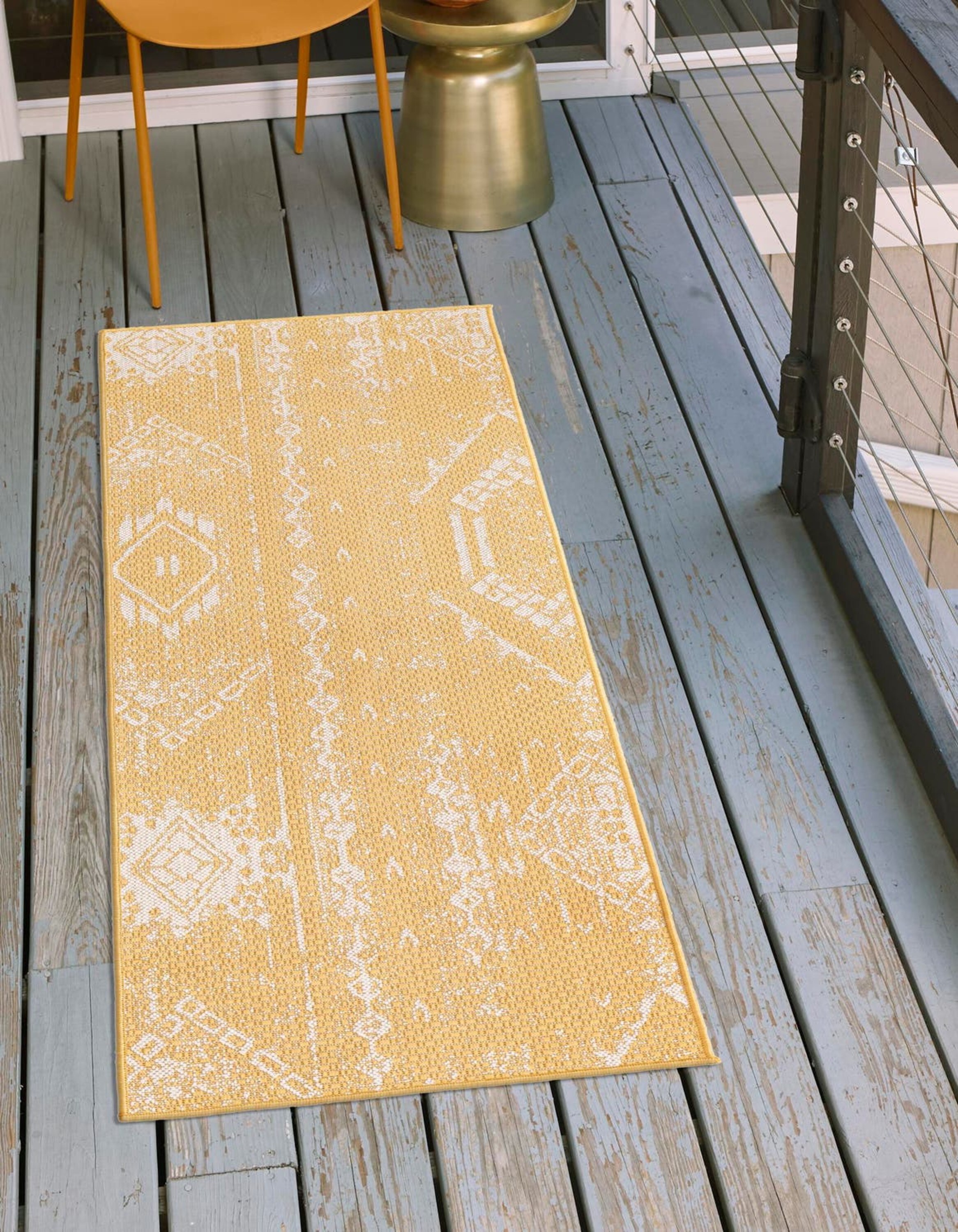 Unique Loom 3180989 Outdoor Bohemian 2 x 4 (ft) Loomed Polypropylene Yellow Rectangular Indoor/Outdoor Abstract Runner rug