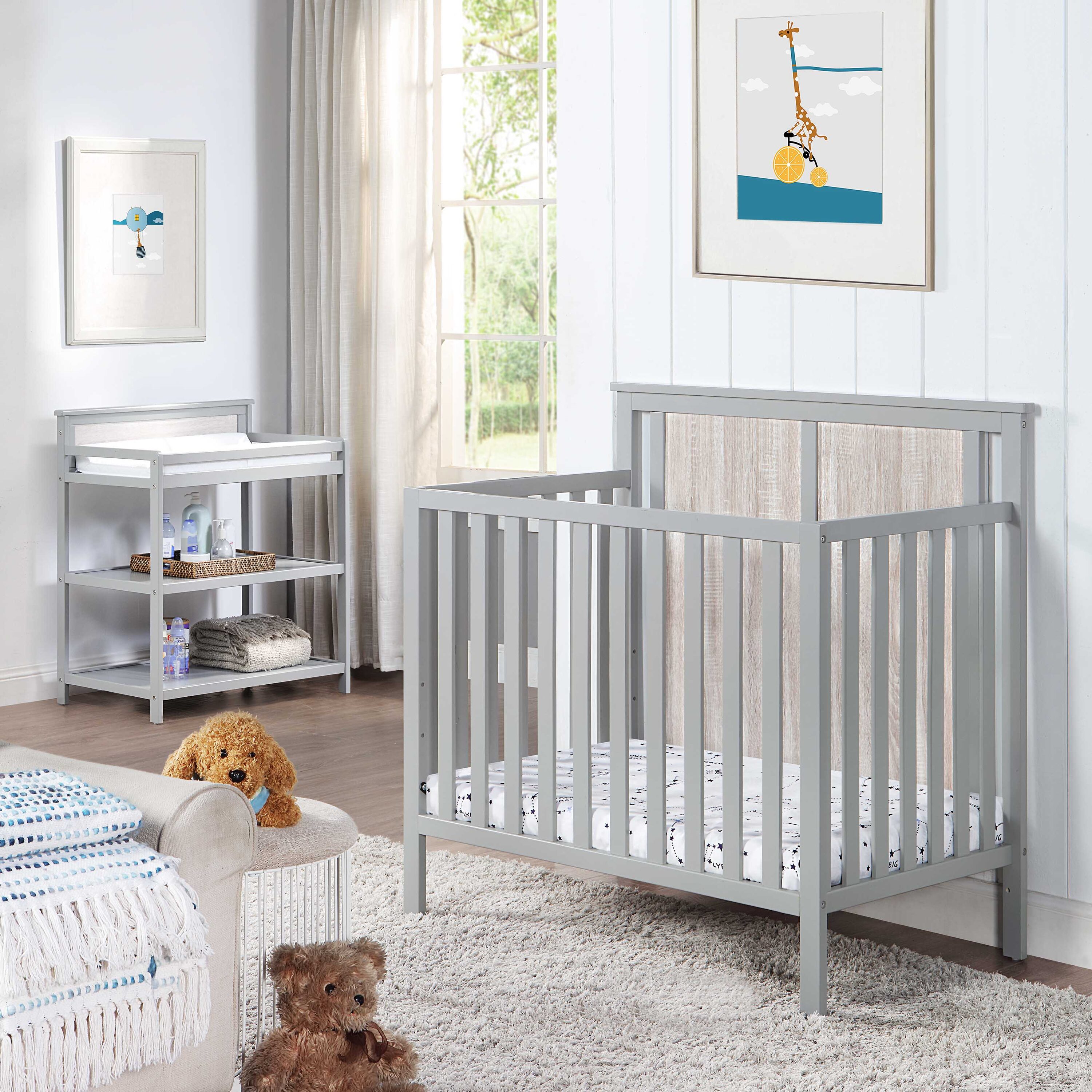 Suite Bebe Connelly 3-in-1 Mini Island Crib - Gray | Adjustable Mattress Height | CPSC & JPMA Certified | Wood Construction | Painted Finish -  27599-GRY