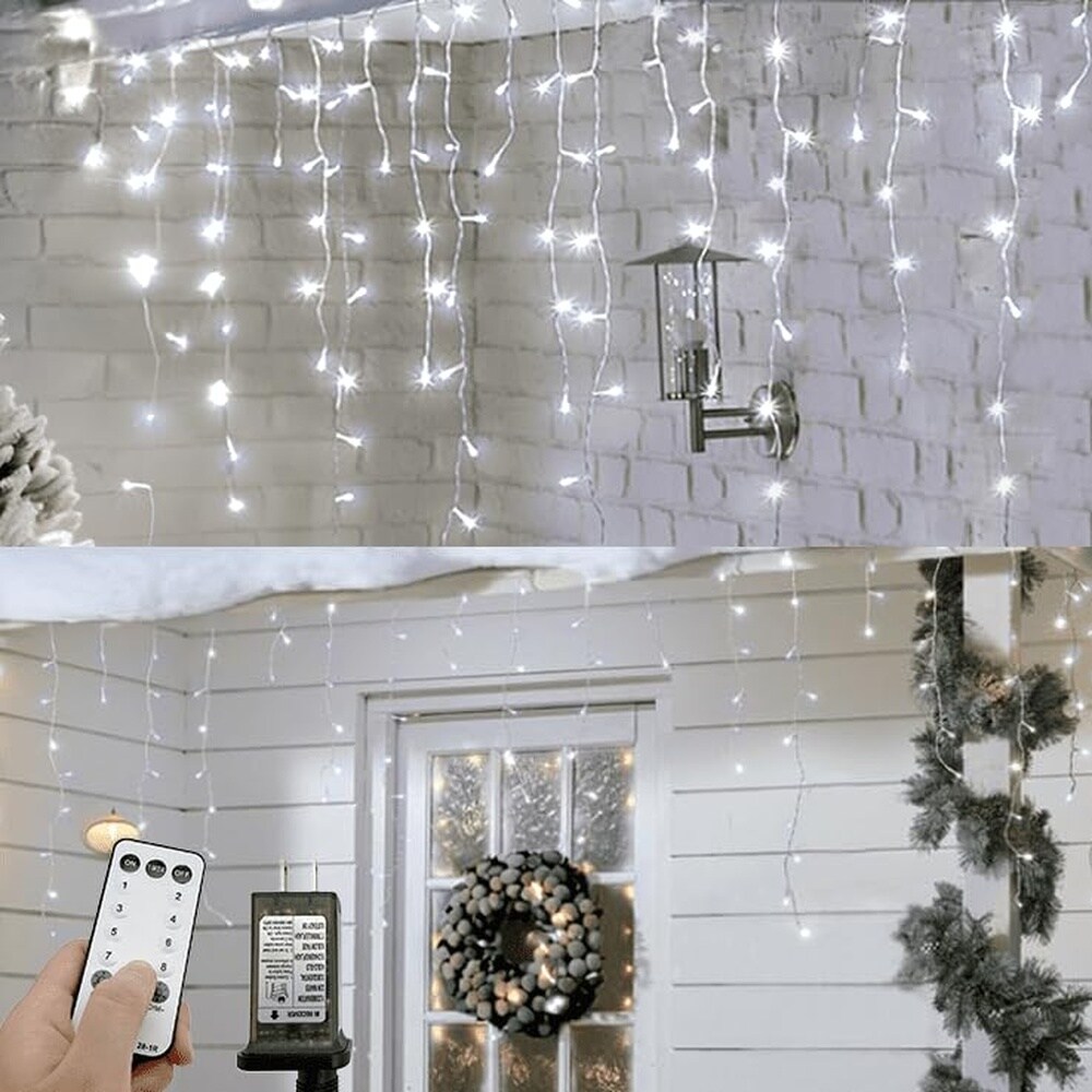 LILILIAN FMY  Icicle Lights Outdoor 16.5ft 192 LED Icicle Christmas Light with Remote Control 8 Modes Twinkle Curtain Lights for Home Garden