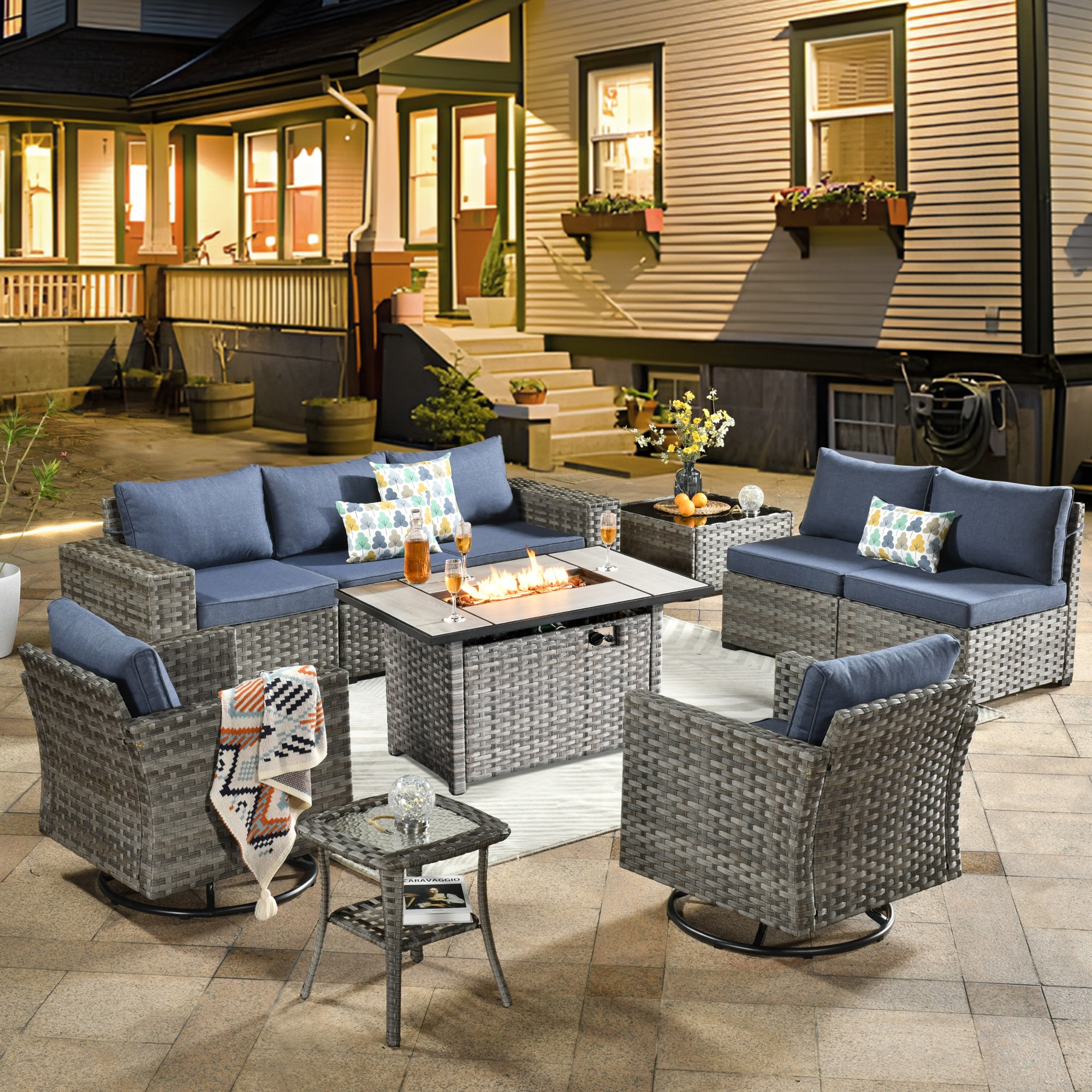 Pouuin SRFPYZBBR3-10 10 -Piece Wicker Patio Sofa Conversation Set with Blue Cushions