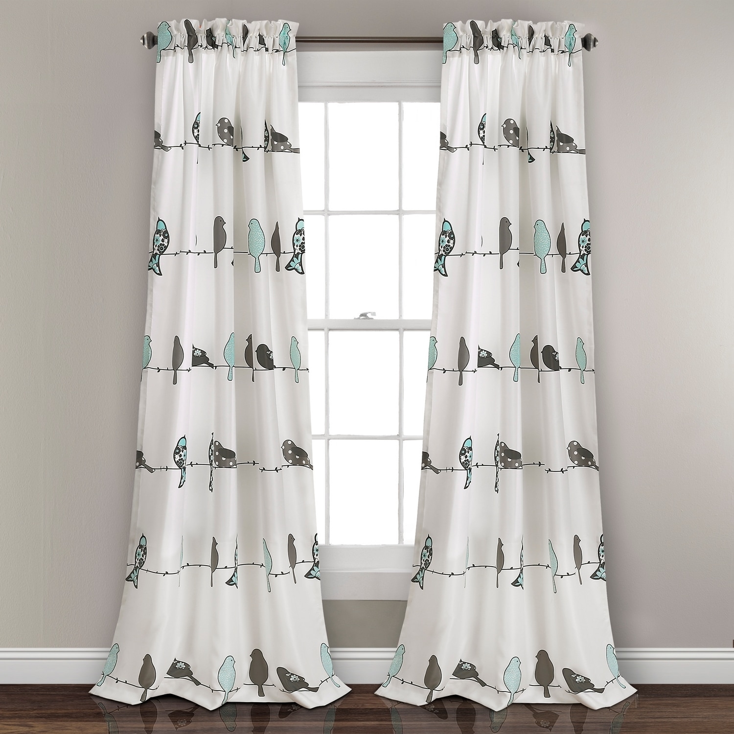 Whimsical Blue and Gray Bird Print Light Filtering Curtains, 52" x 84"
