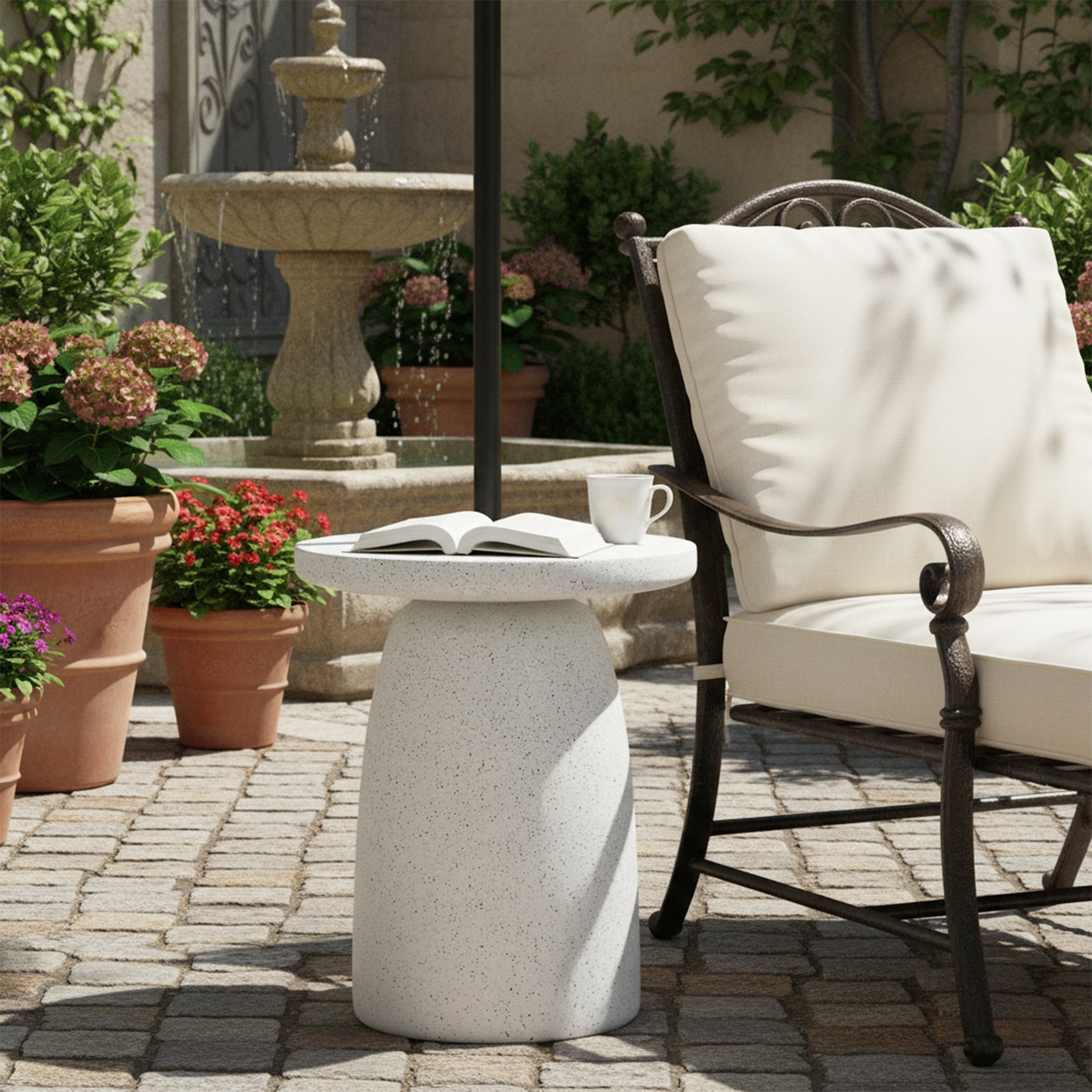 Christopher Knight Home 361181 Blaisdell Tess MGO Outdoor Patio Side Table Umbrella Base with Sand Filling Design in White Marble Finish