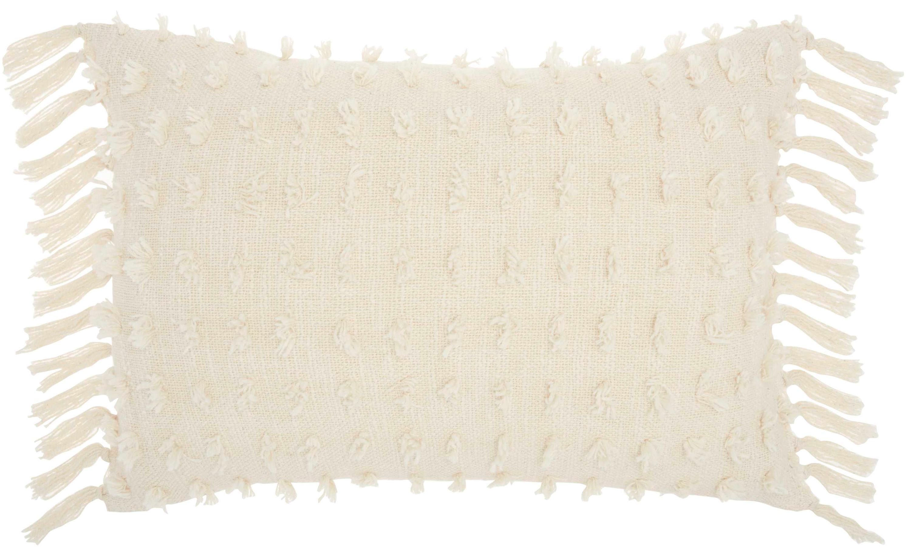 Cream Cotton Fringed 14" x 20" Throw Pillow