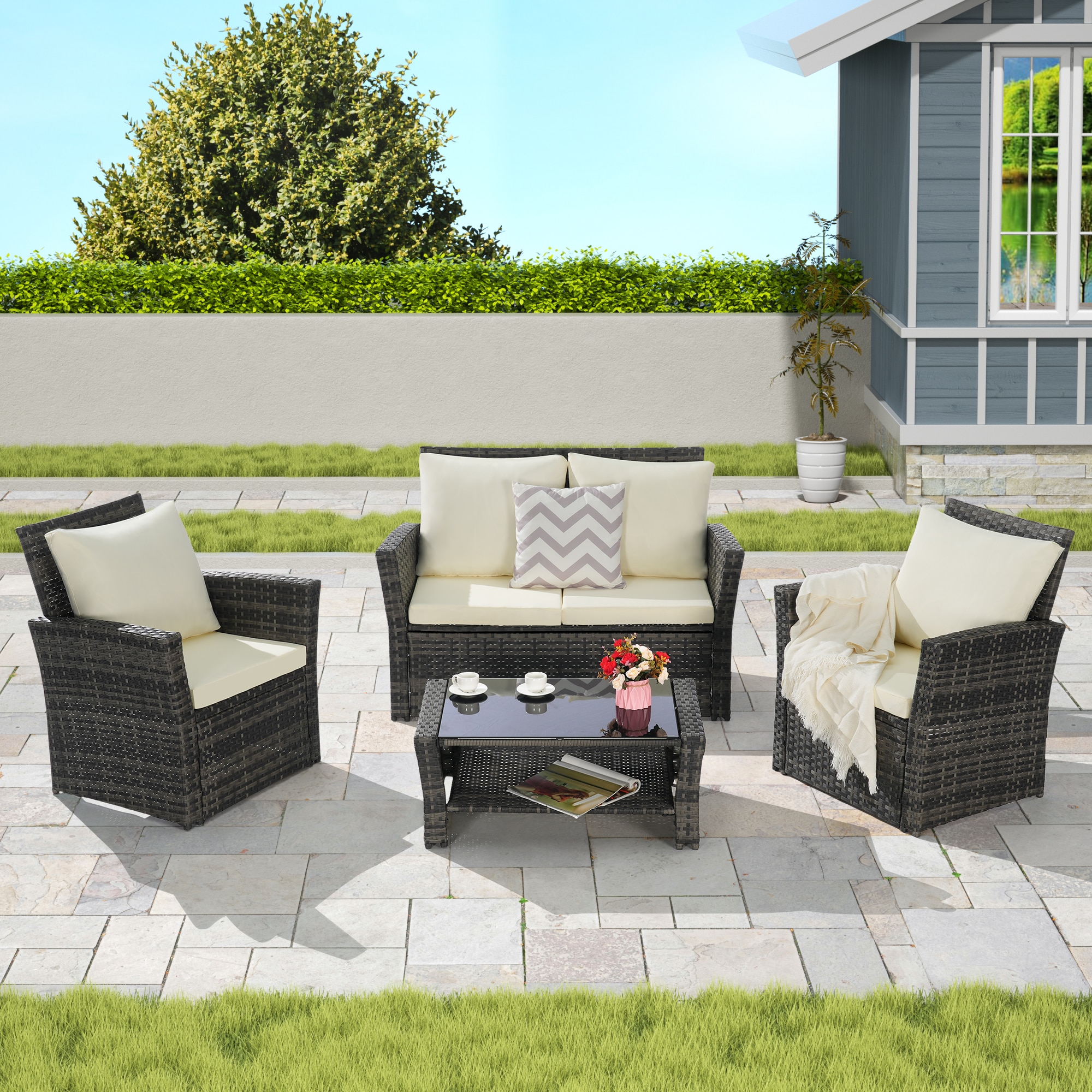 SANSTAR LRS-857M 4 -Piece Wicker Patio Sofa Conversation Set with Off-white Polyester Cushions