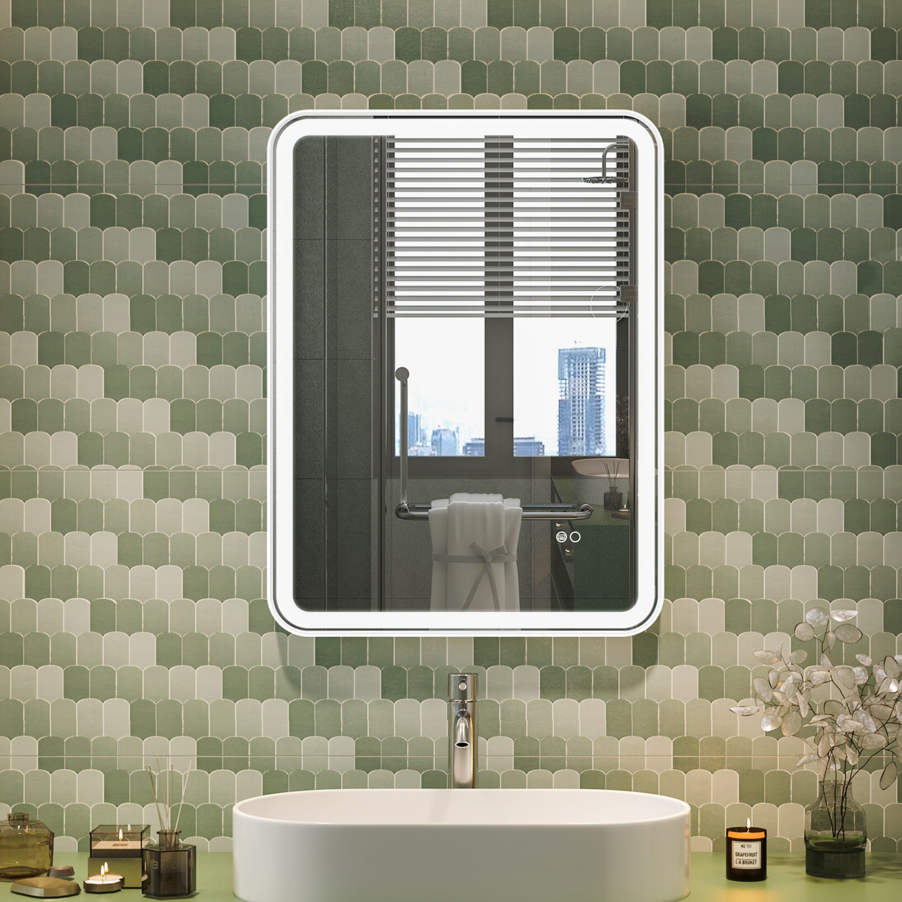 Forclover JSEX2432-BS1 24-in x 32-in Framed Rectangle Dimmable Lighted Fog Free Bathroom Vanity Mirror ( White Framed )